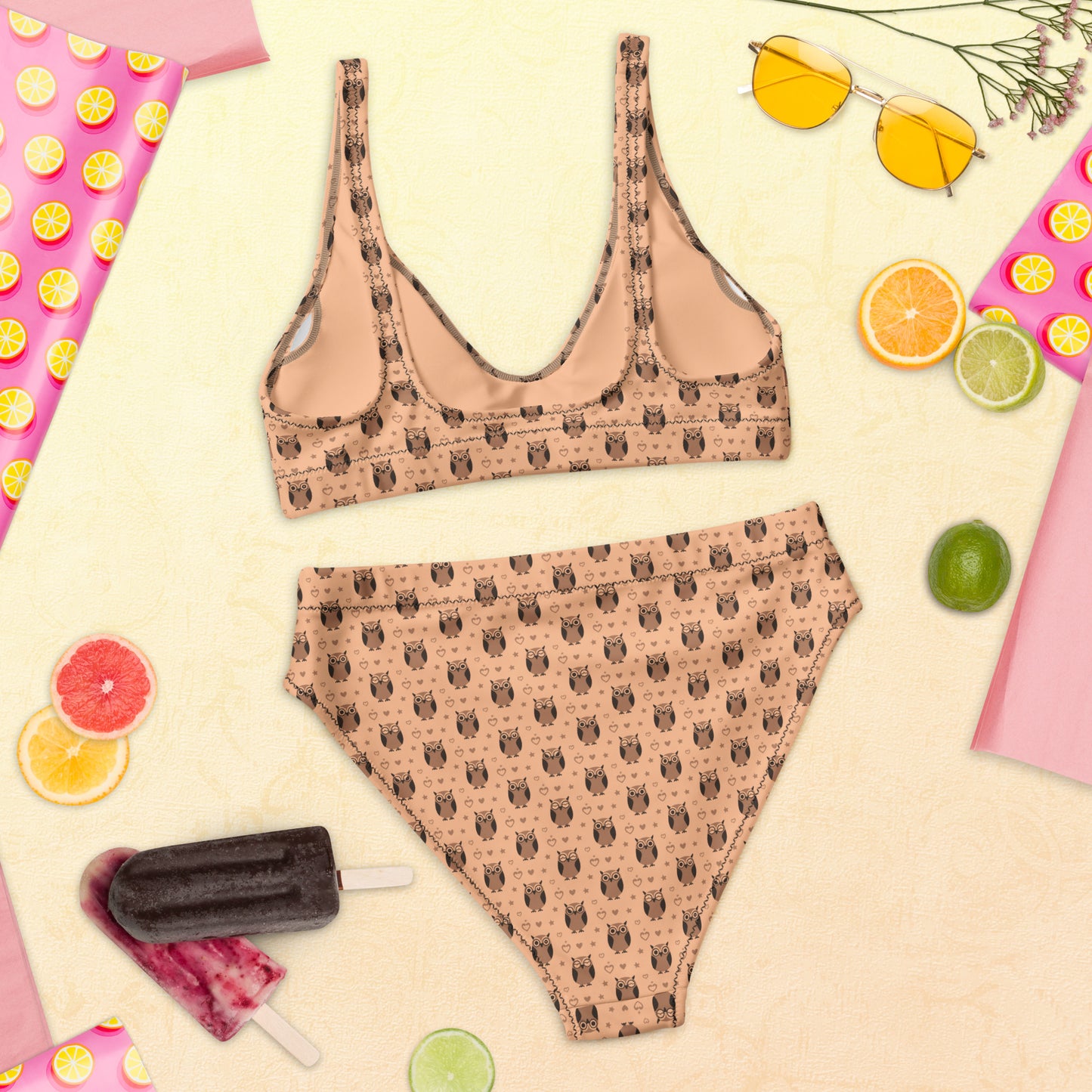 Recycled High-Waisted Bikini – Eco-Friendly Owl Print Swimwear Dudeily