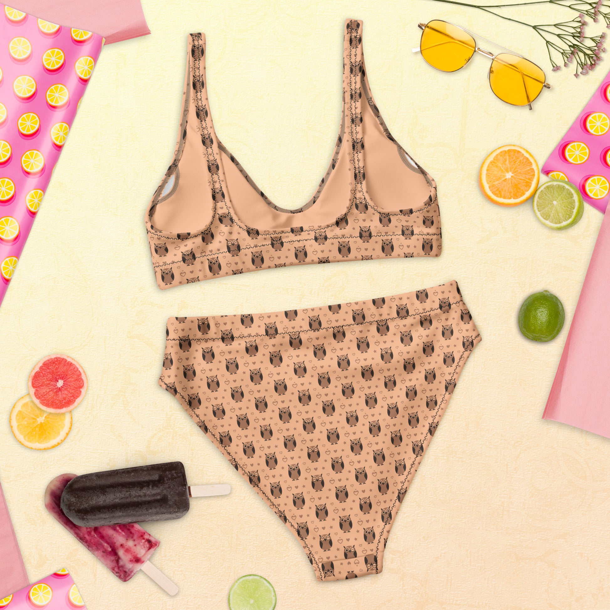 Recycled High-Waisted Bikini – Eco-Friendly Owl Print Swimwear Dudeily