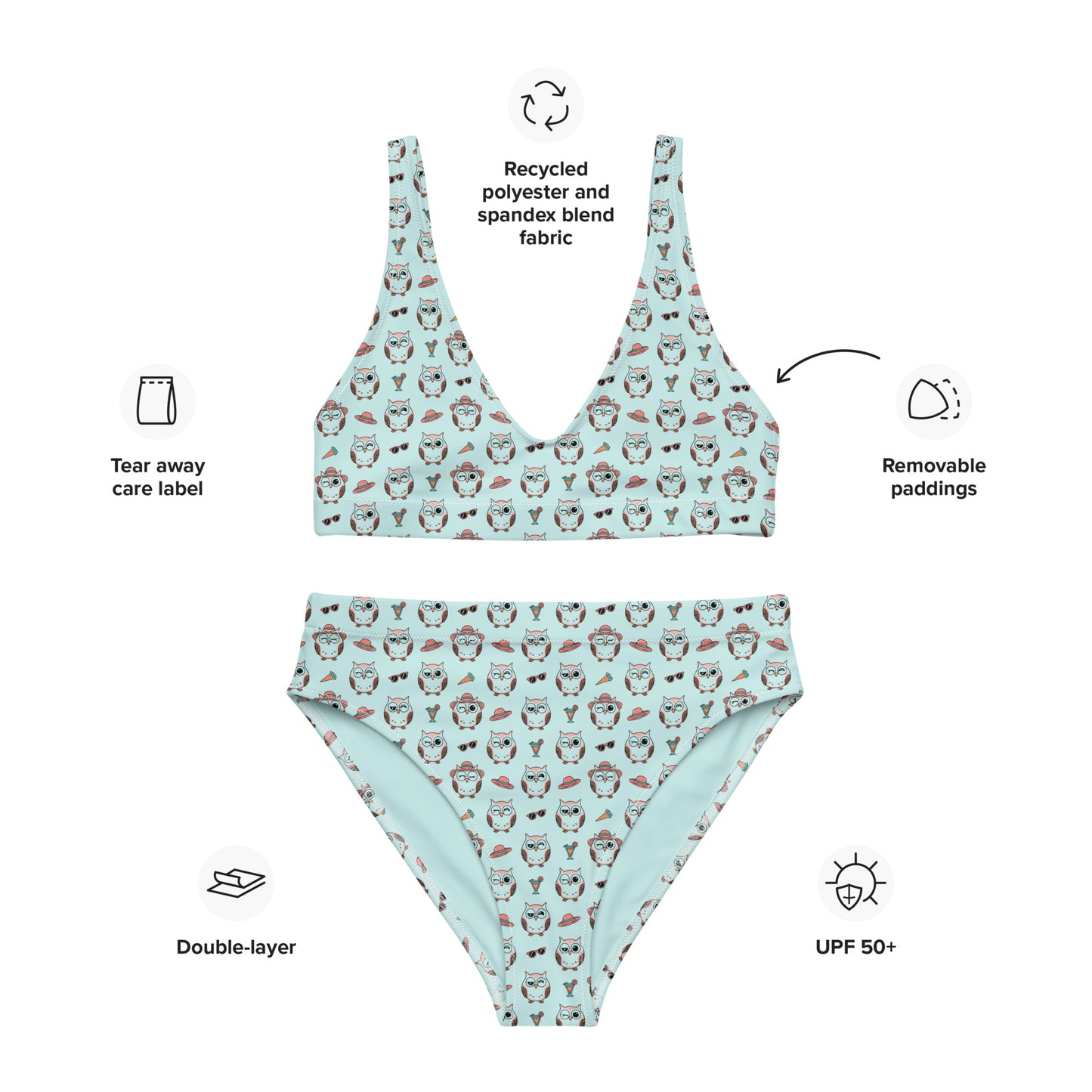Owl Print Recycled High-Waisted Bikini – Eco-Friendly & Stylish Dudeily