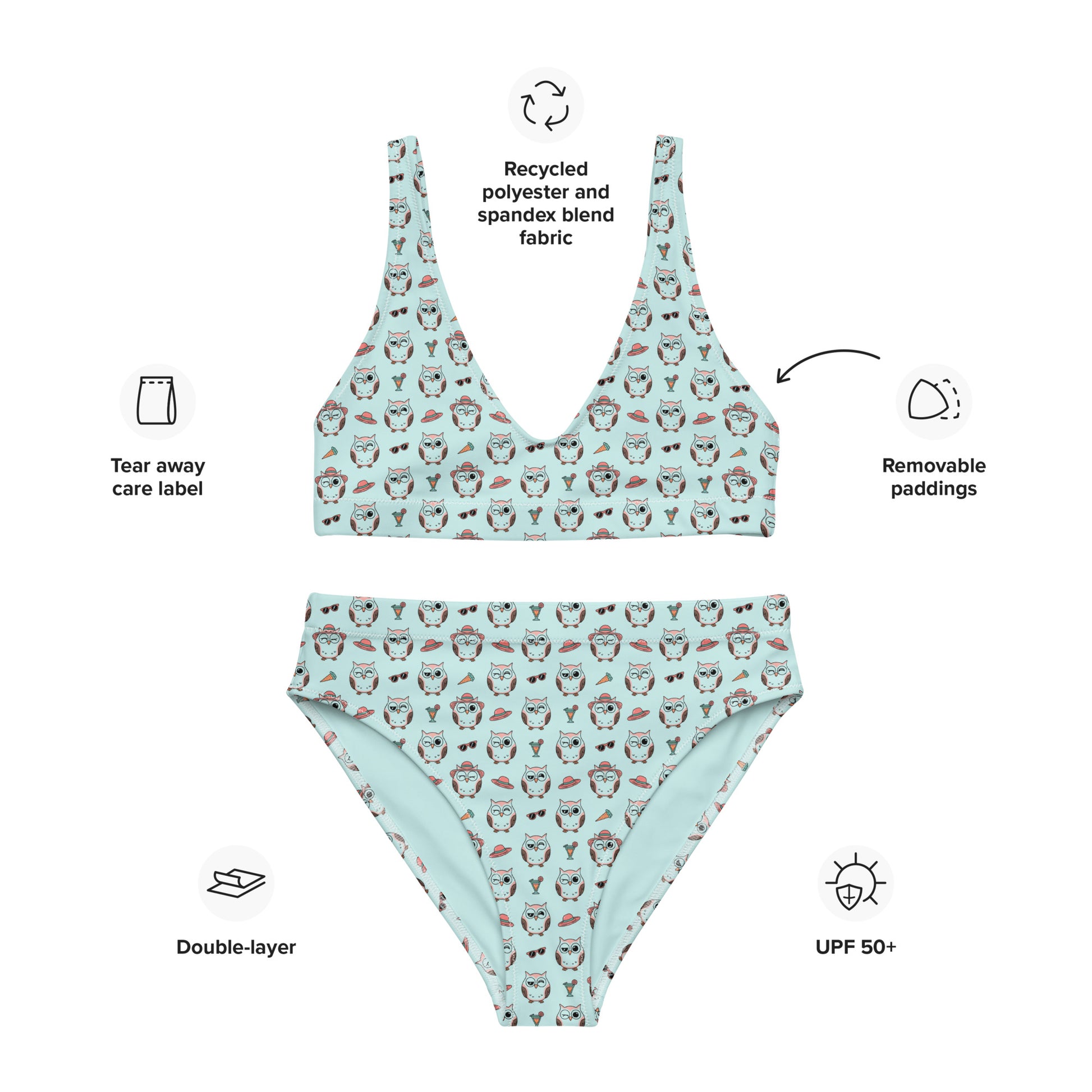 Owl Print Recycled High-Waisted Bikini – Eco-Friendly & Stylish Dudeily