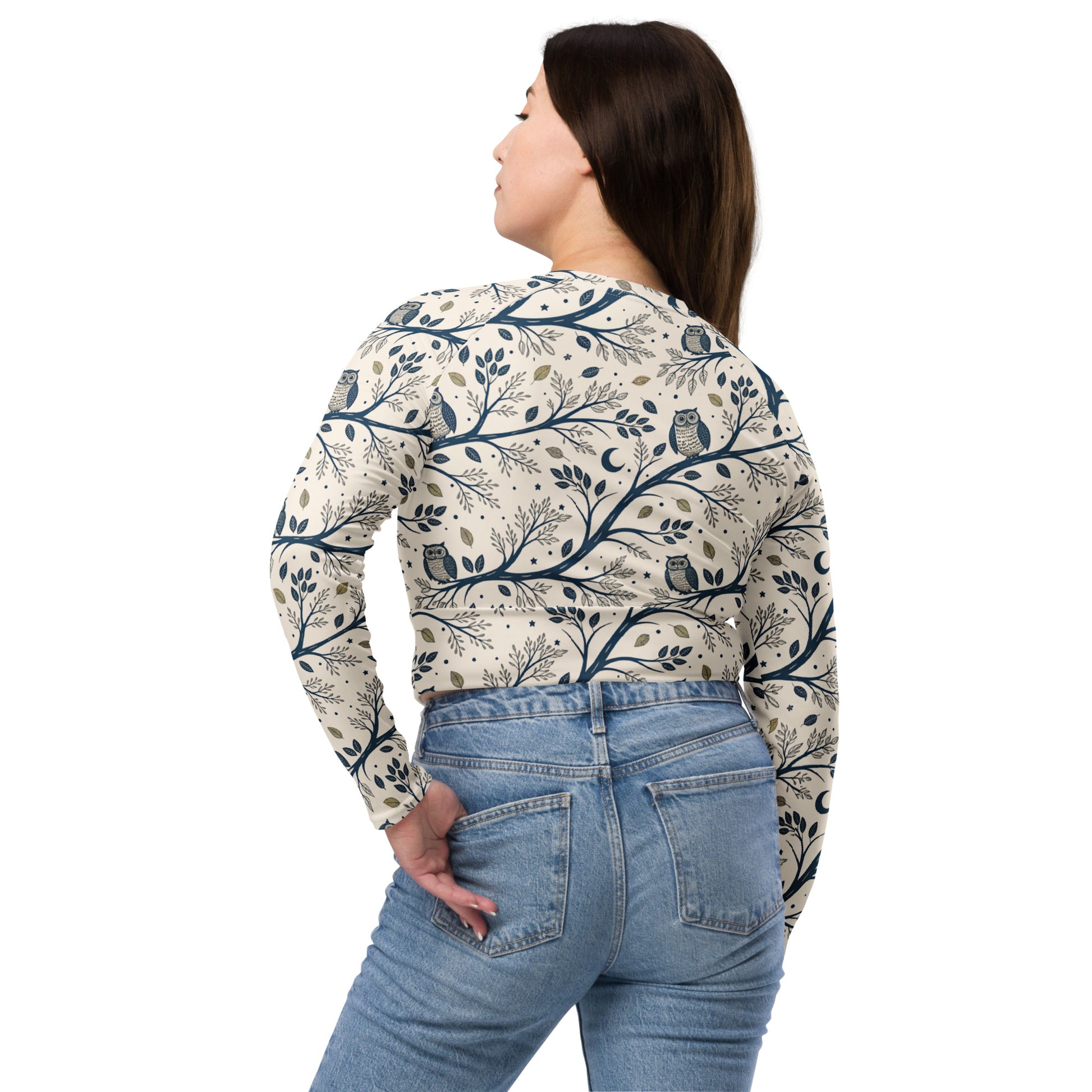 Owl Themed Recycled Long-Sleeve Crop Top - Eco Friendly Fashion Dudeily
