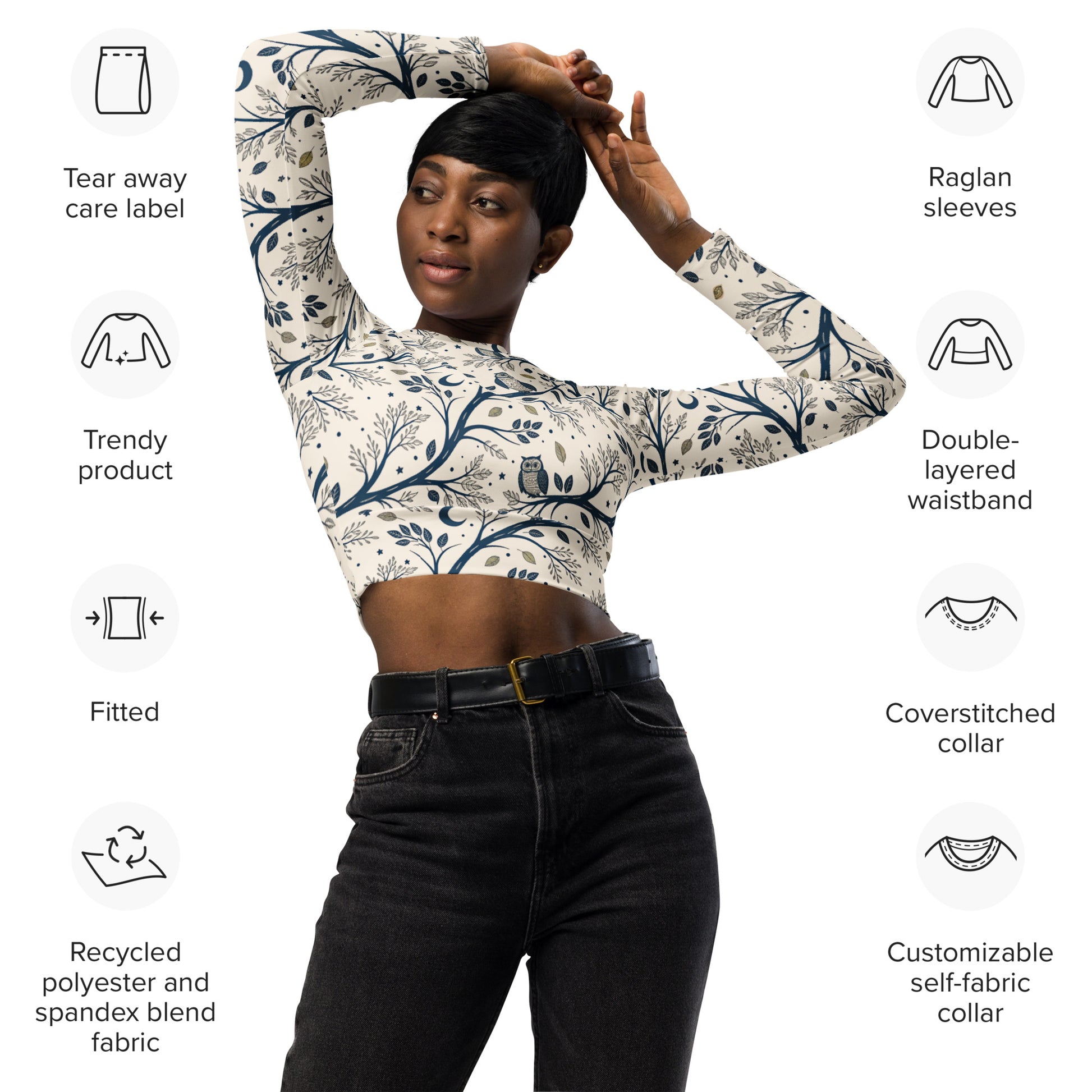 Owl Themed Recycled Long-Sleeve Crop Top - Eco Friendly Fashion Dudeily