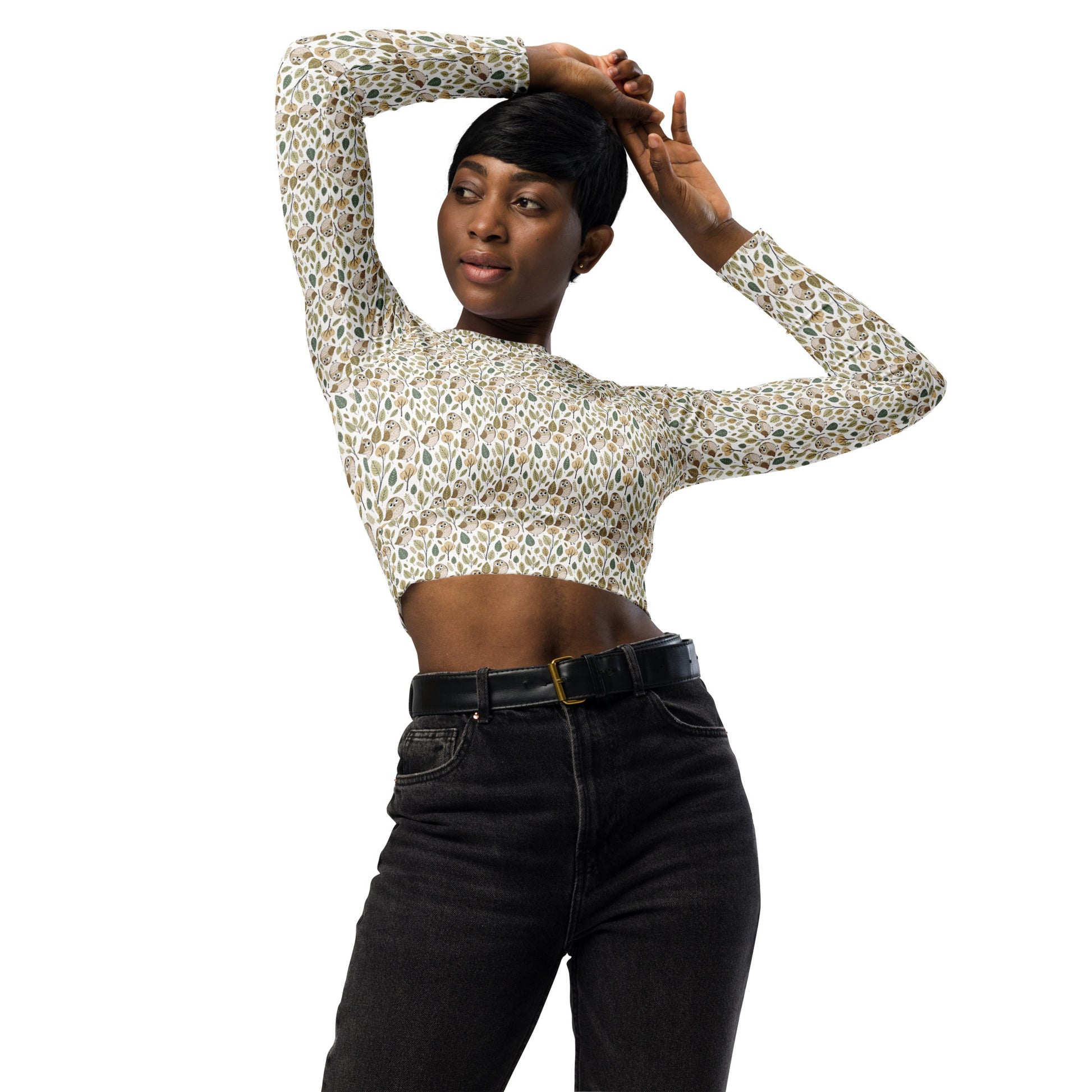 Owl-Themed Recycled Long-Sleeve Crop Top – Sustainable Style for Nature-Loving Trendsetters Dudeily