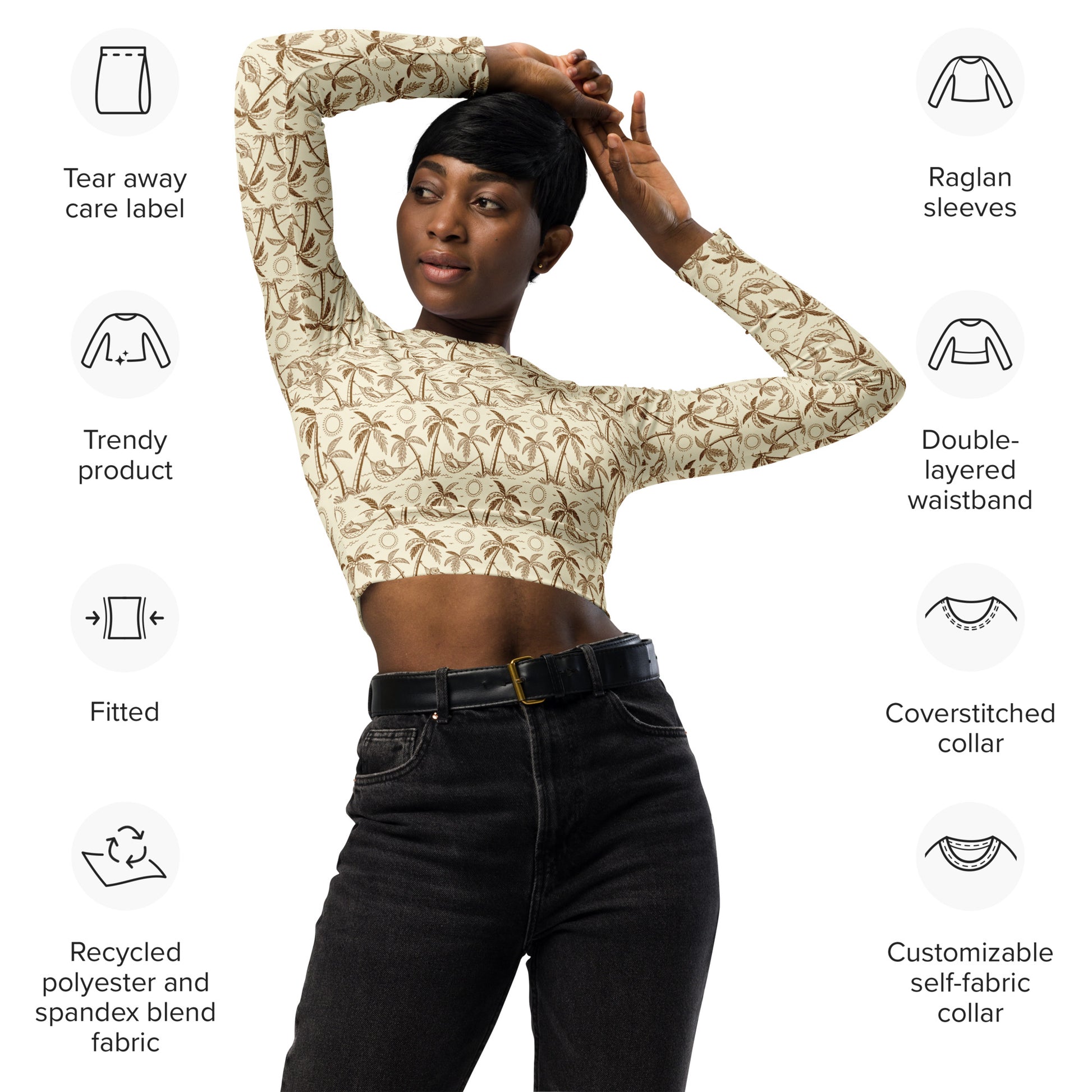 Owl-Themed Recycled Long-Sleeve Crop Top – Sustainable Style for Nature-Loving Trendsetters Dudeily