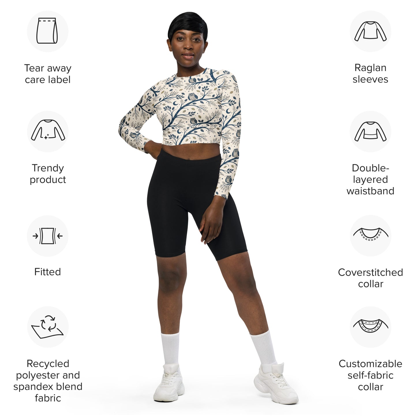 Owl Themed Recycled Long-Sleeve Crop Top - Eco Friendly Fashion Dudeily