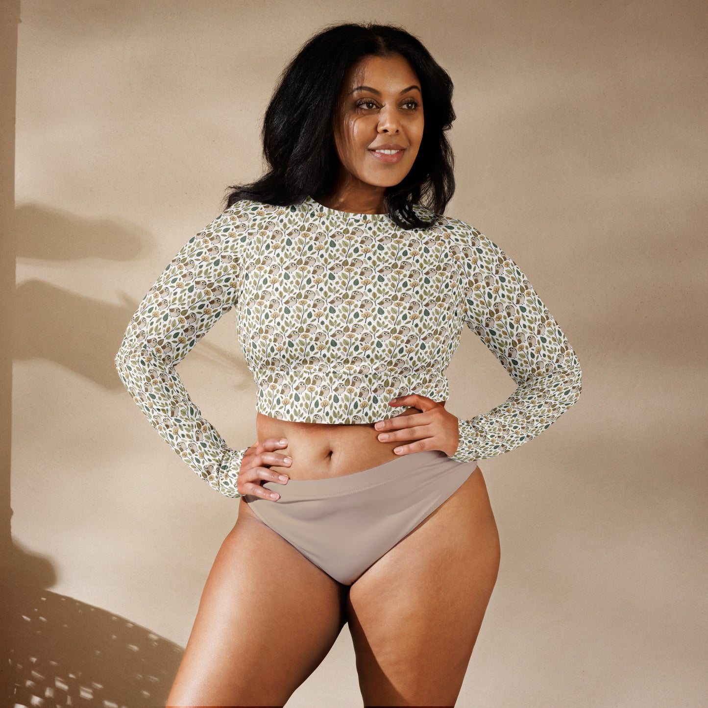 Owl-Themed Recycled Long-Sleeve Crop Top – Sustainable Style for Nature-Loving Trendsetters Dudeily