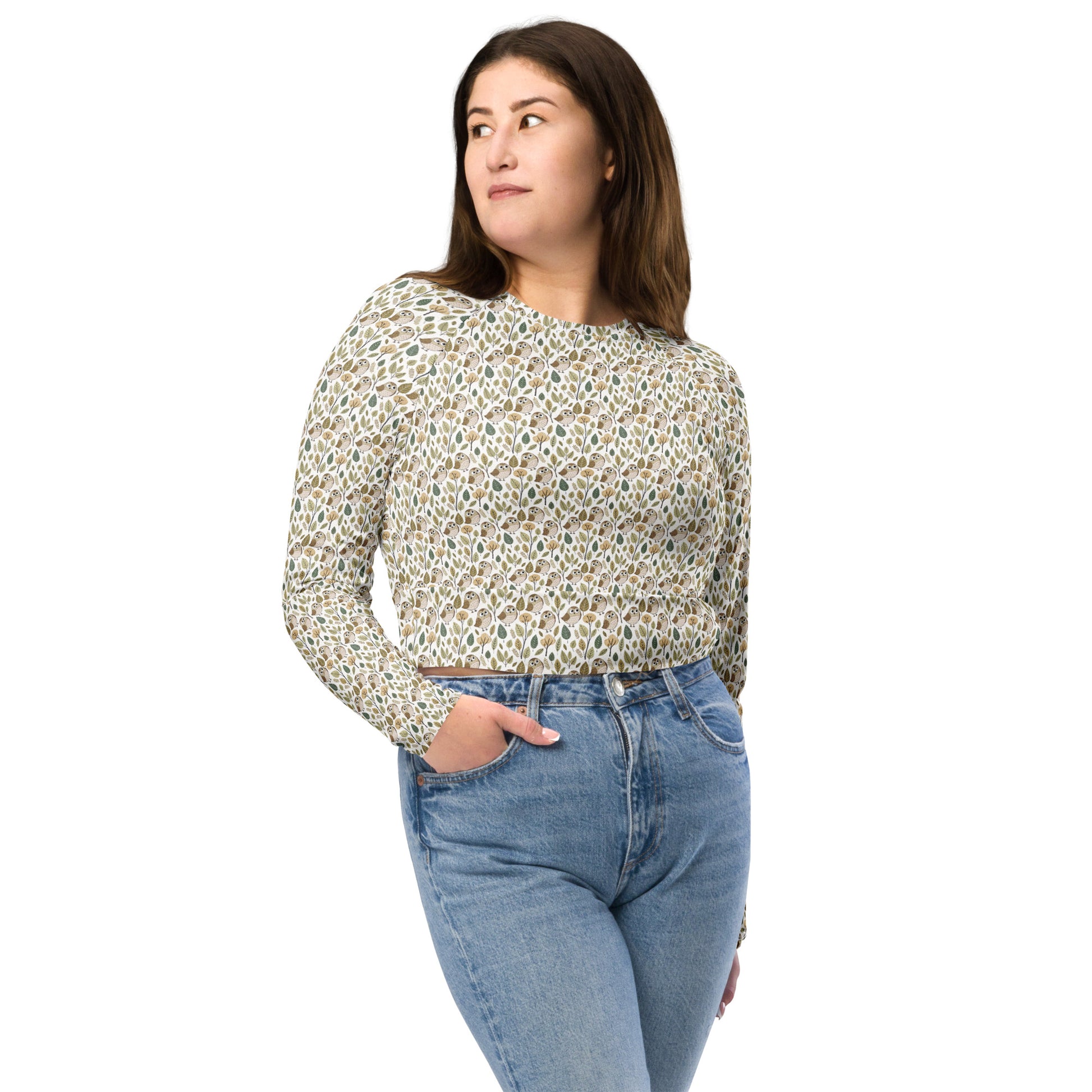 Owl-Themed Recycled Long-Sleeve Crop Top – Sustainable Style for Nature-Loving Trendsetters Dudeily
