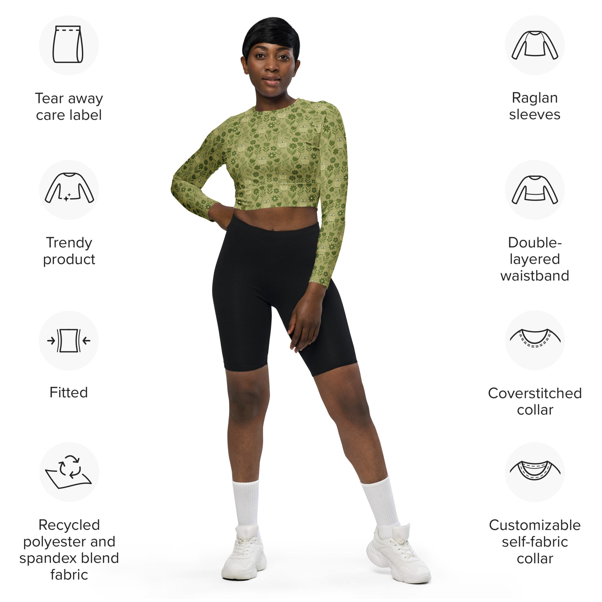 Owl-Themed Recycled Long-Sleeve Crop Top – Sustainable Fashion for Eco-Conscious Trendsetters Dudeily