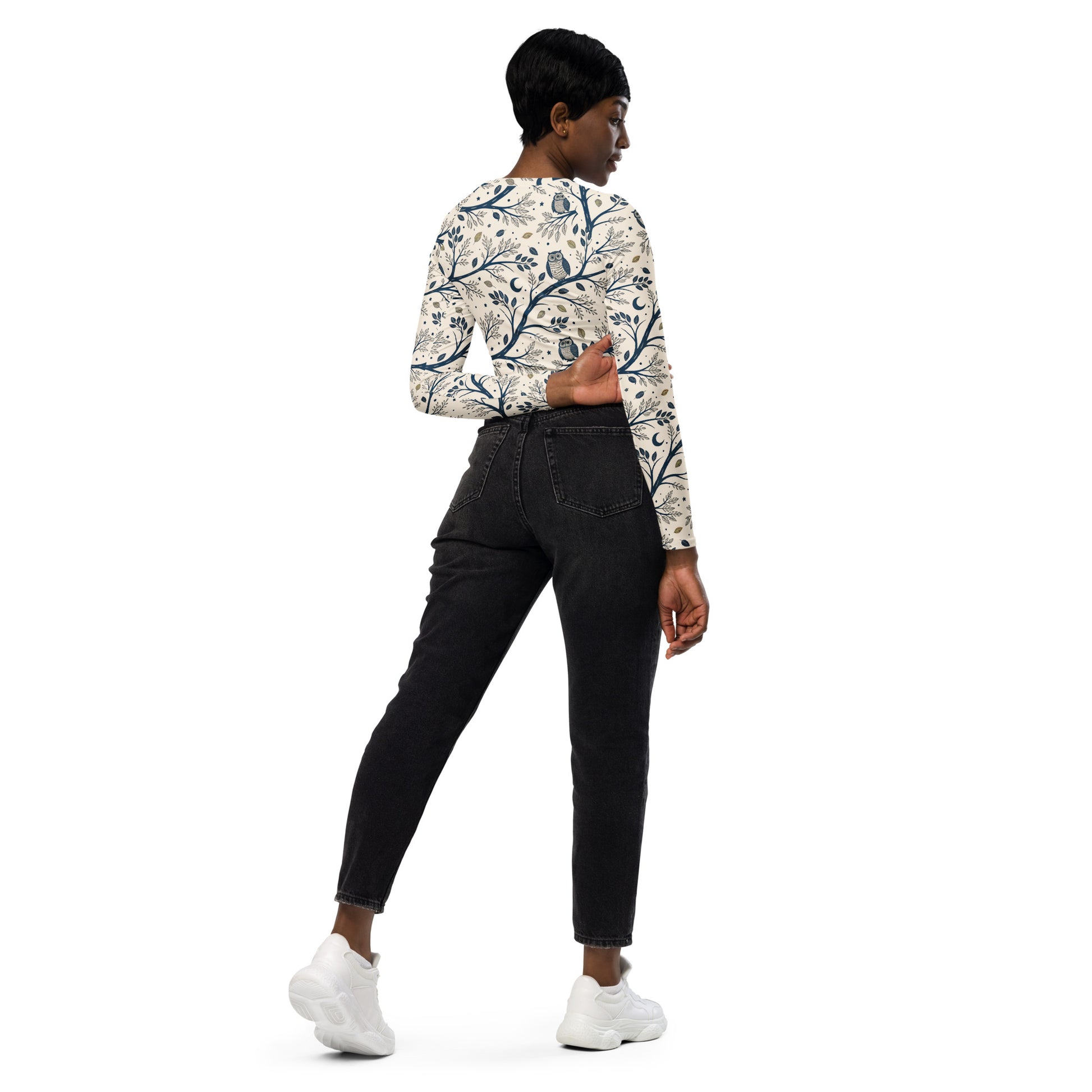 Owl Themed Recycled Long-Sleeve Crop Top - Eco Friendly Fashion Dudeily