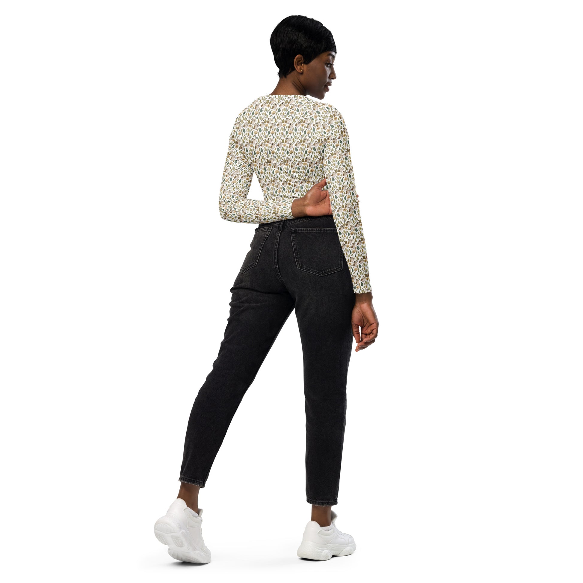 Owl-Themed Recycled Long-Sleeve Crop Top – Sustainable Style for Nature-Loving Trendsetters Dudeily