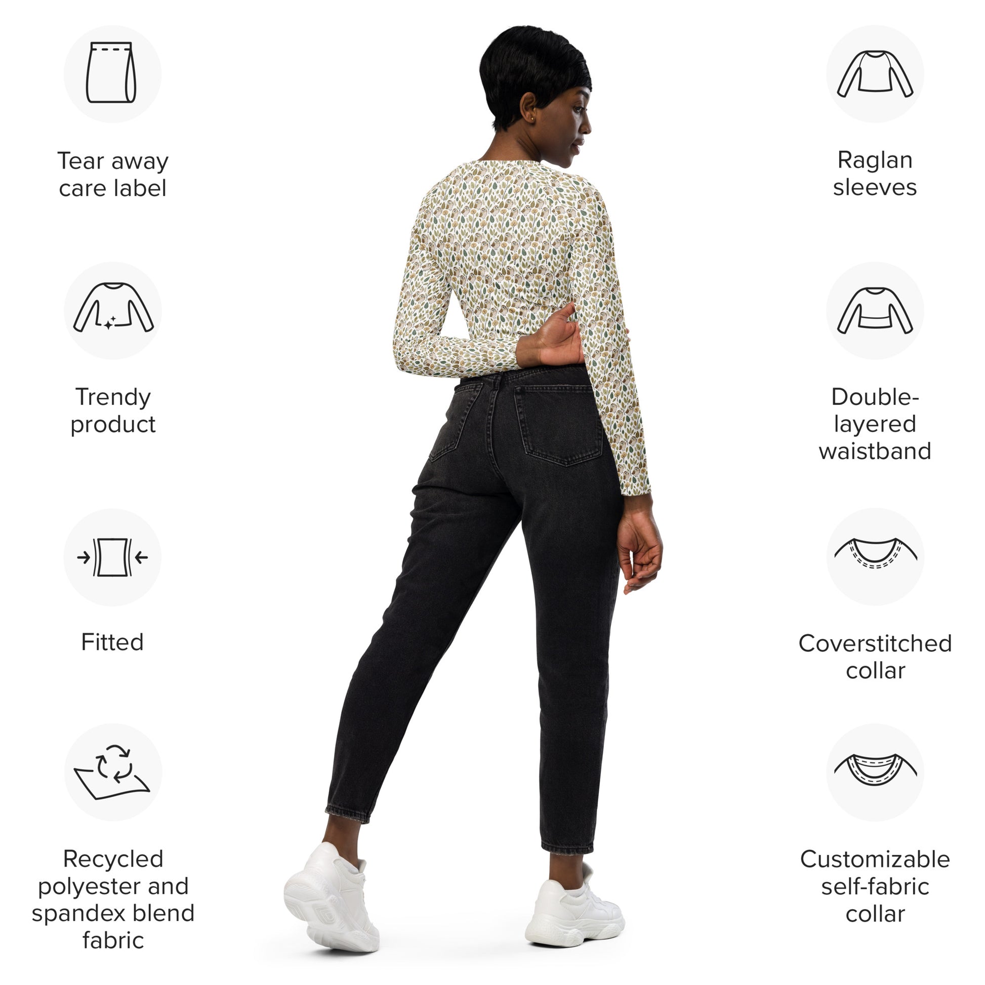 Owl-Themed Recycled Long-Sleeve Crop Top – Sustainable Style for Nature-Loving Trendsetters Dudeily