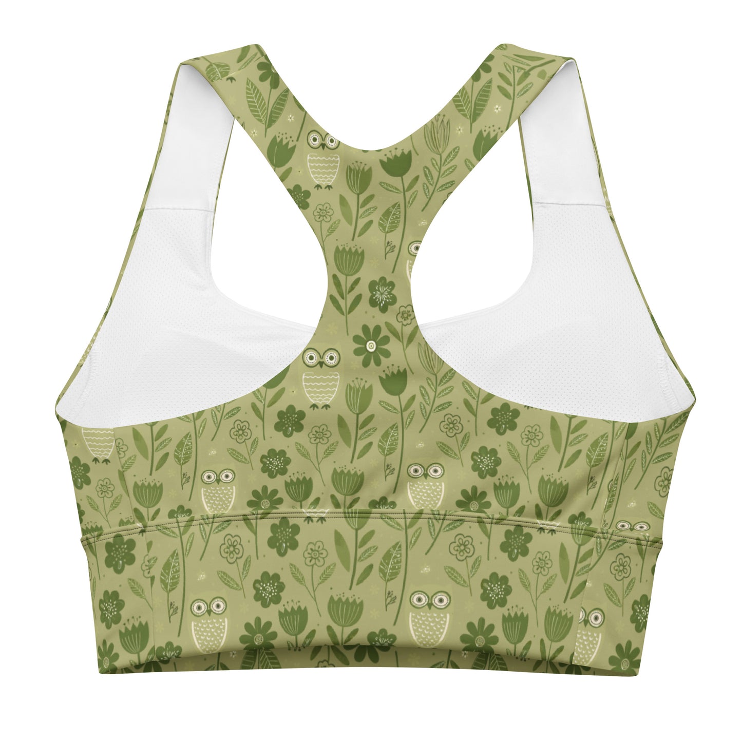 Owl-Themed Recycled Longline Sports Bra – Sustainable Support for Eco-Conscious Movement Dudeily