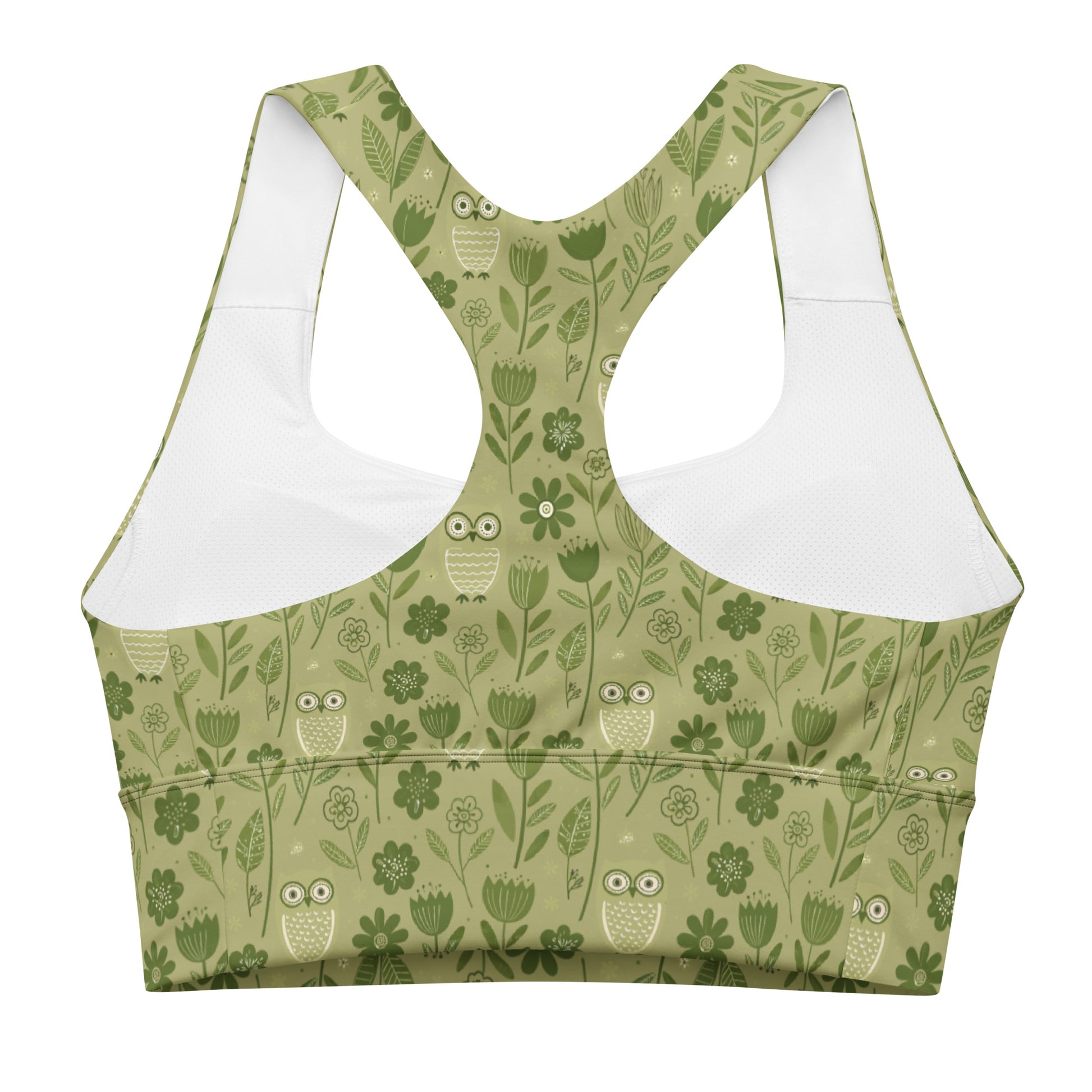 Owl-Themed Recycled Longline Sports Bra – Sustainable Support for Eco-Conscious Movement Dudeily