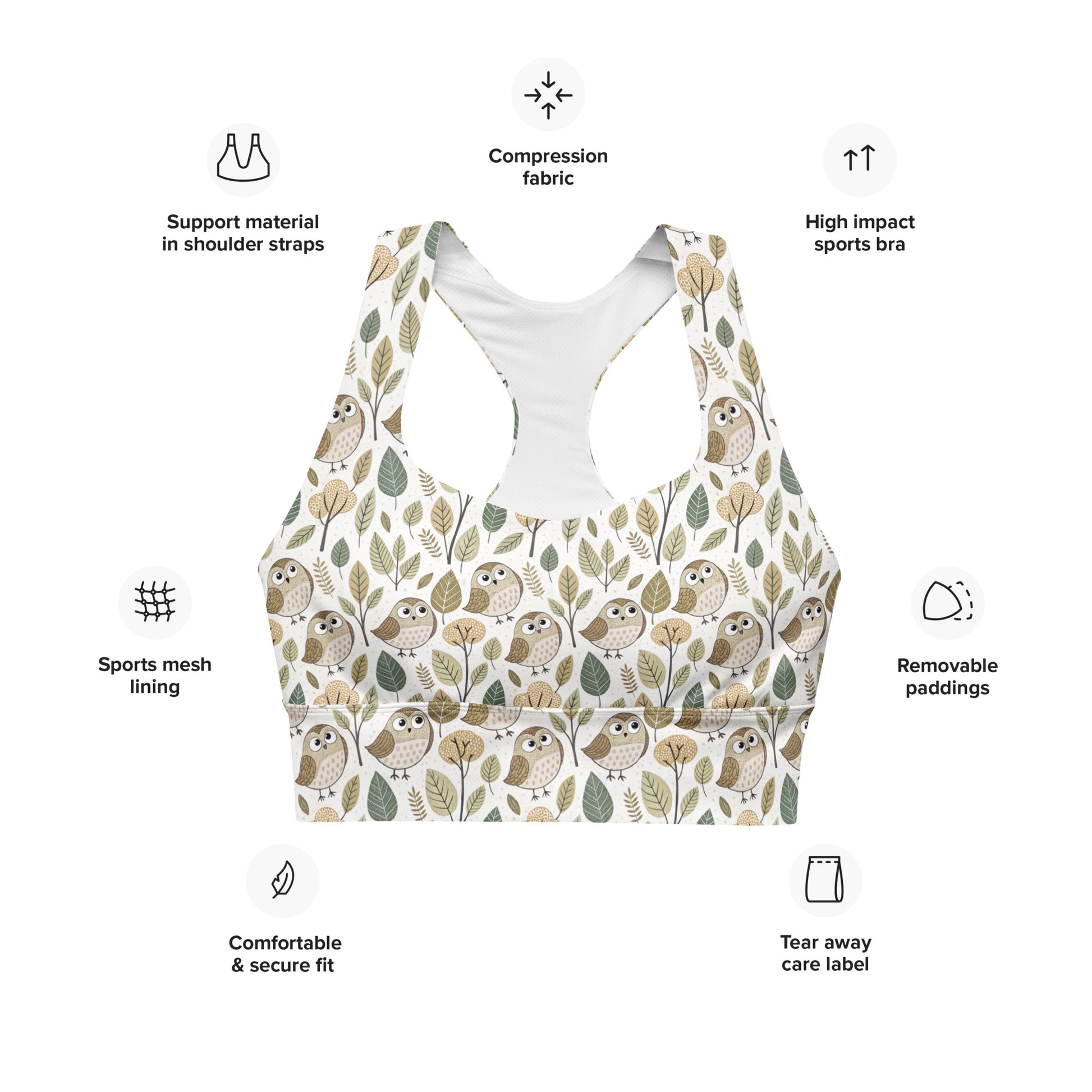 Sustainable Owl-Themed Recycled Longline Sports Bra – Eco-Chic Support for Active Lifestyles Dudeily