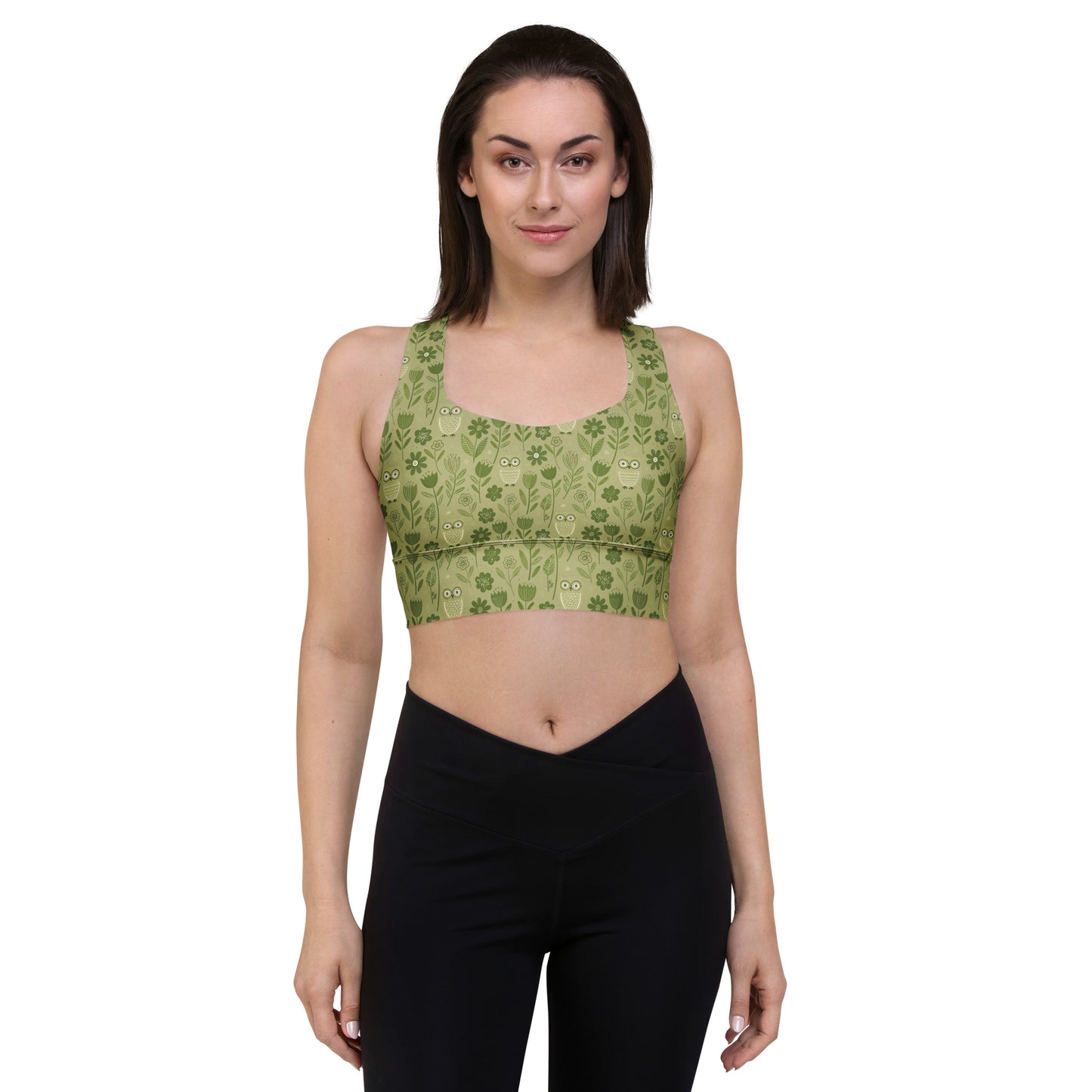 Owl-Themed Recycled Longline Sports Bra – Sustainable Support for Eco-Conscious Movement Dudeily