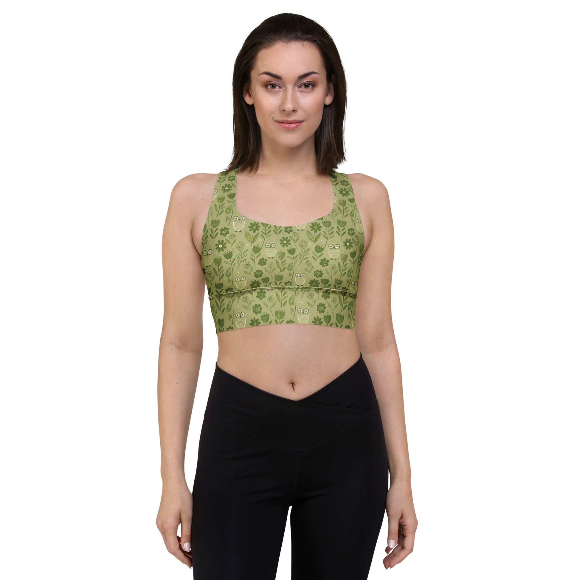 Owl-Themed Recycled Longline Sports Bra – Sustainable Support for Eco-Conscious Movement Dudeily