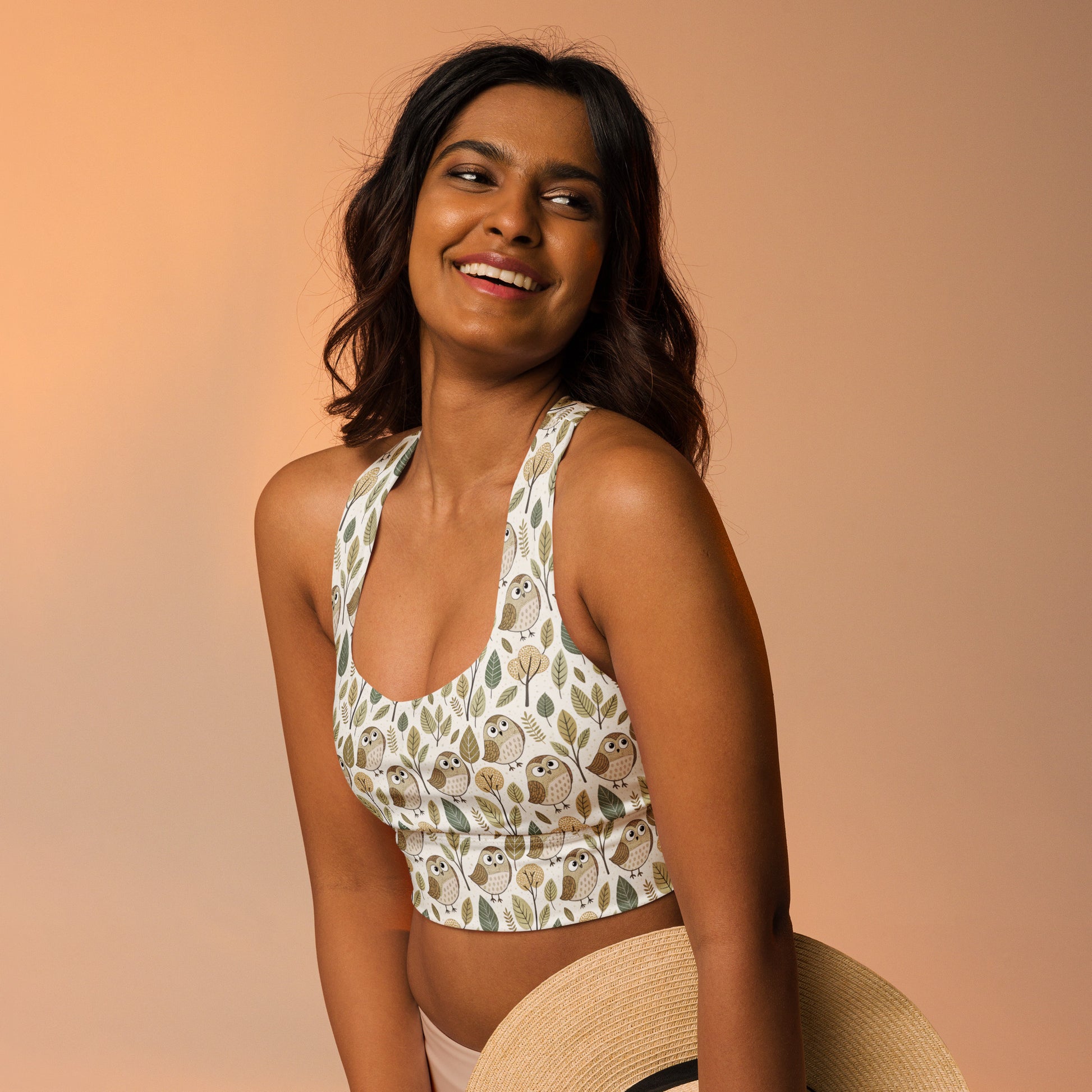 Sustainable Owl-Themed Recycled Longline Sports Bra – Eco-Chic Support for Active Lifestyles Dudeily
