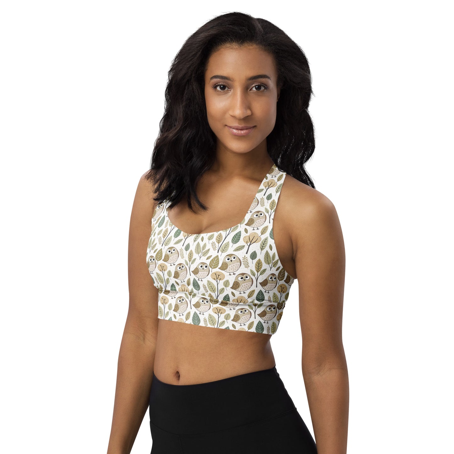 Sustainable Owl-Themed Recycled Longline Sports Bra – Eco-Chic Support for Active Lifestyles Dudeily