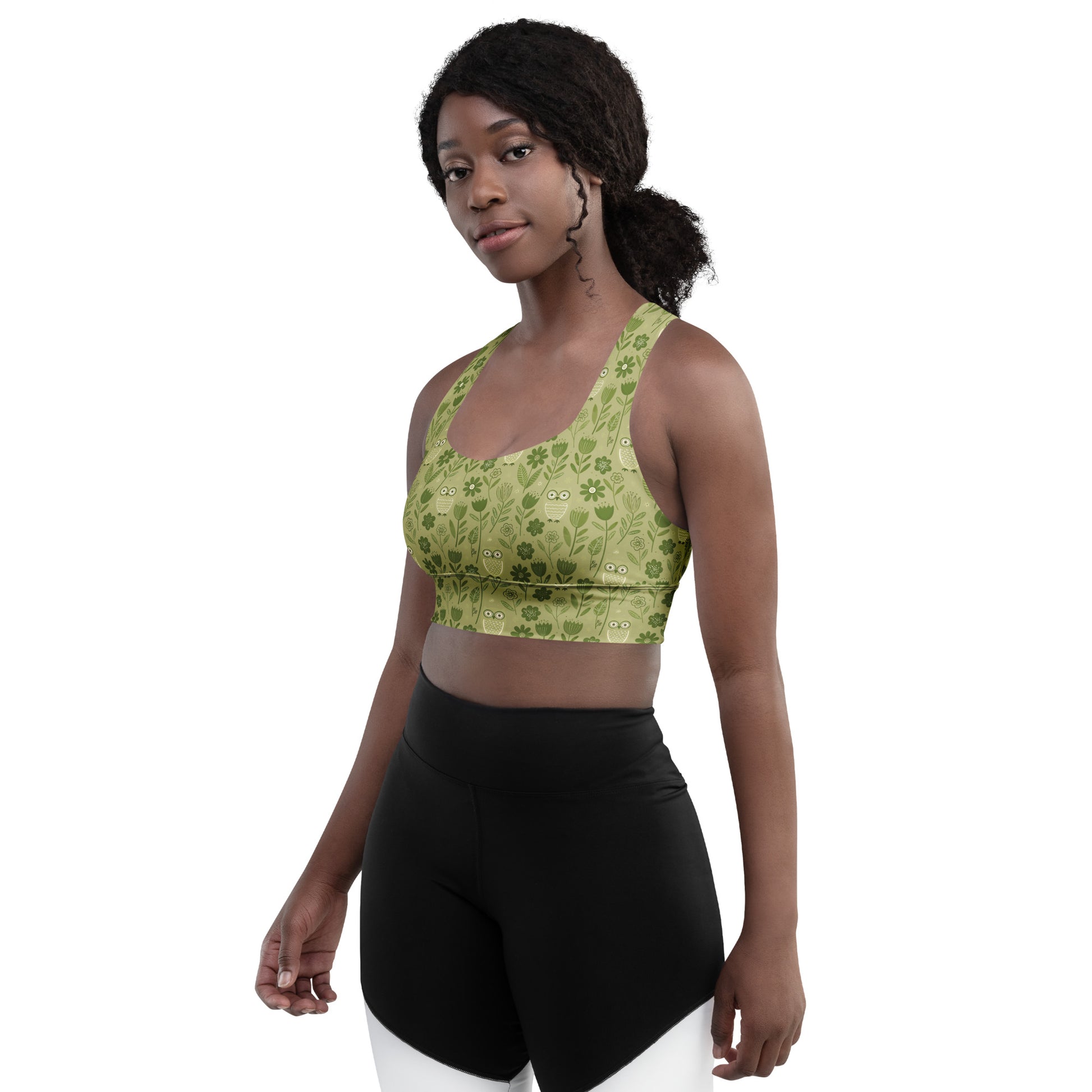 Owl-Themed Recycled Longline Sports Bra – Sustainable Support for Eco-Conscious Movement Dudeily