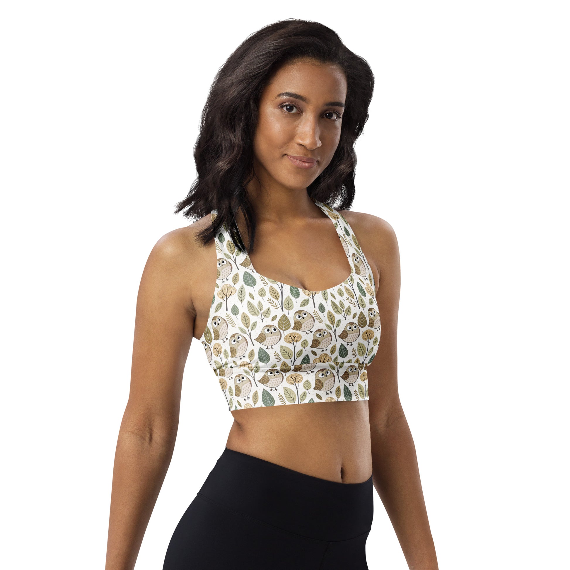 Sustainable Owl-Themed Recycled Longline Sports Bra – Eco-Chic Support for Active Lifestyles Dudeily