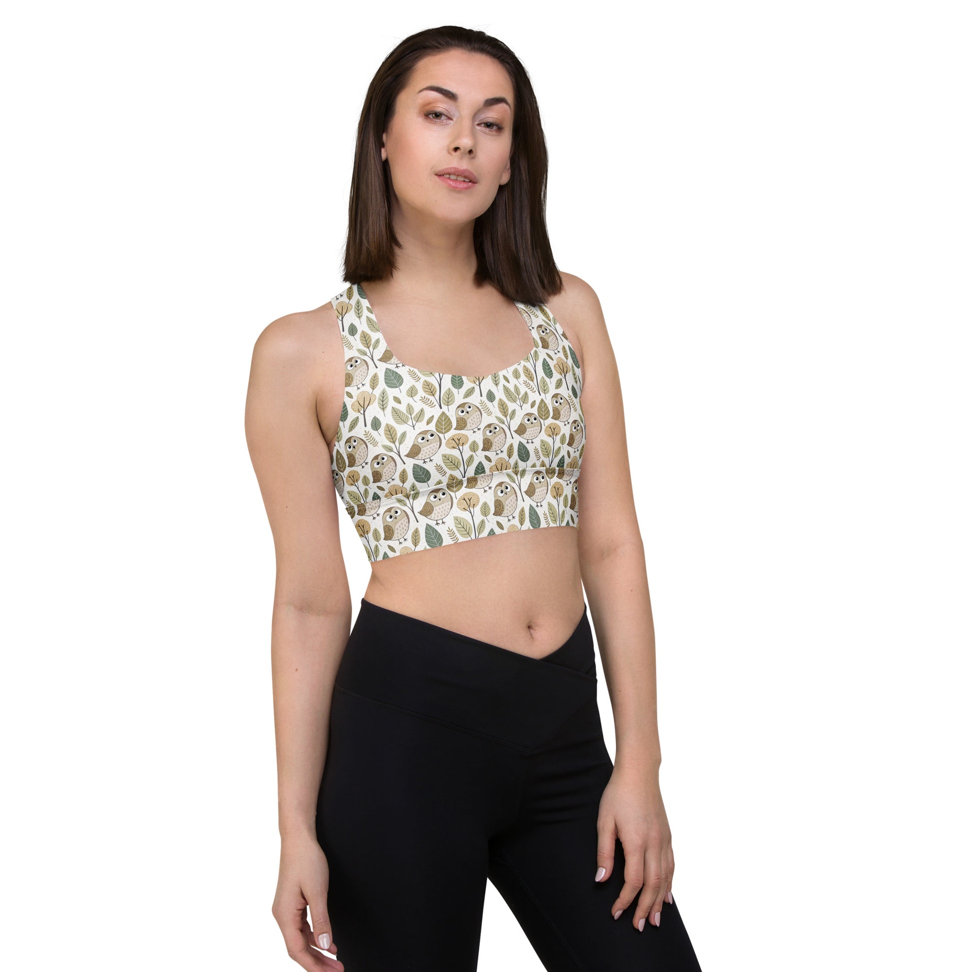 Sustainable Owl-Themed Recycled Longline Sports Bra – Eco-Chic Support for Active Lifestyles Dudeily