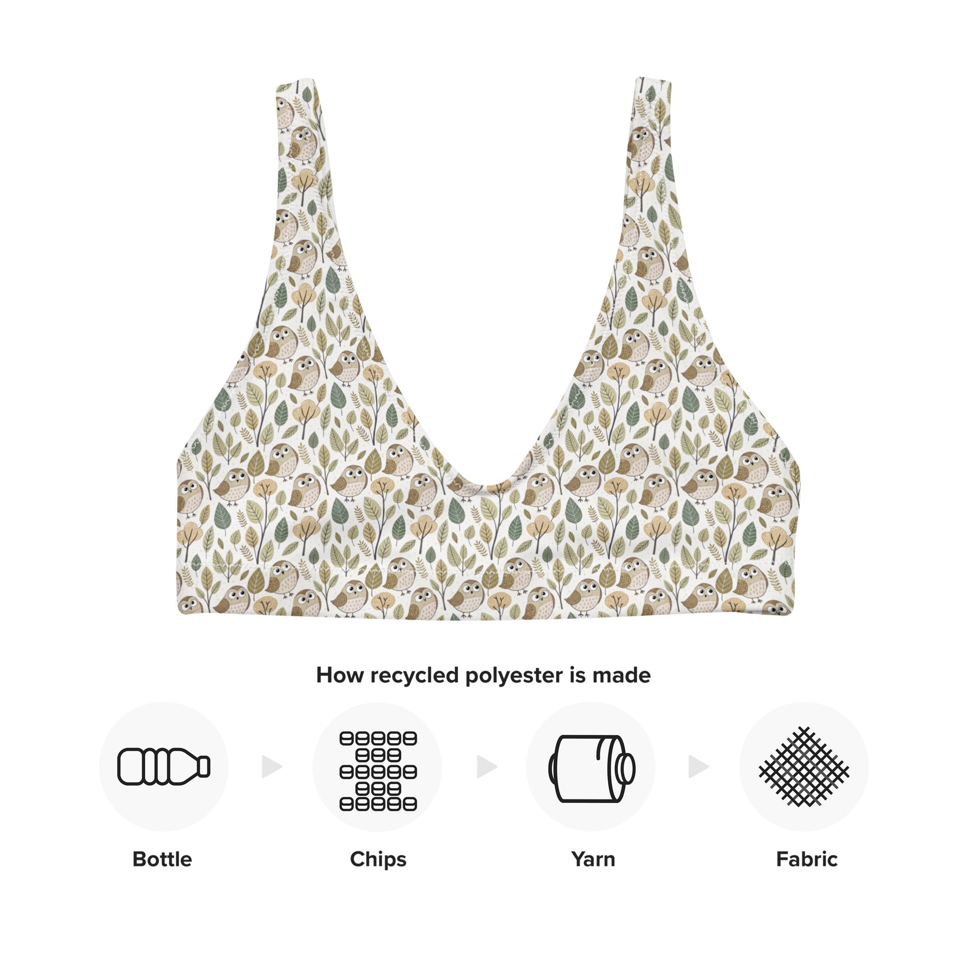 Owl-Themed Recycled Padded Bikini Top – Ethical Swimwear for Eco-Loving Trendsetters Dudeily