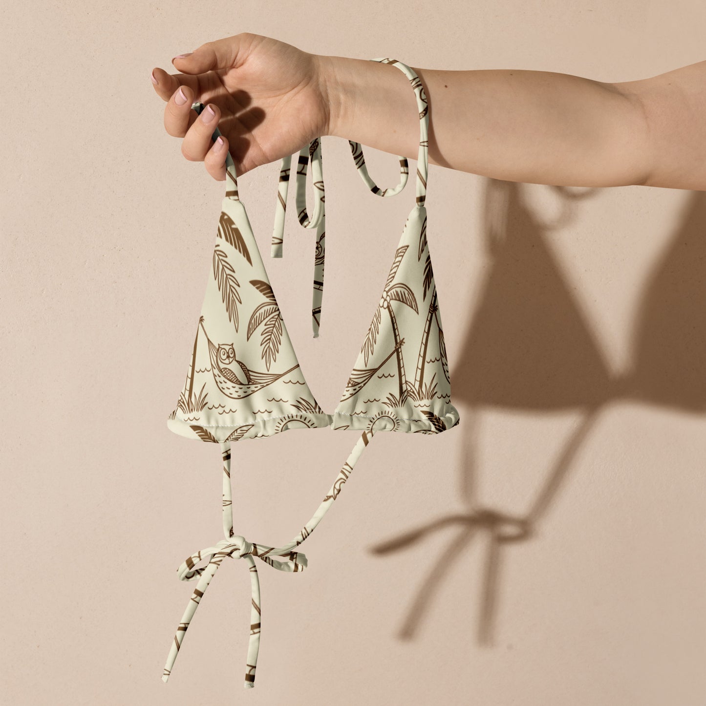 Owl-Themed All-Over Print Recycled String Bikini Top – Eco-Friendly Swimwear for Nature Lovers Dudeily