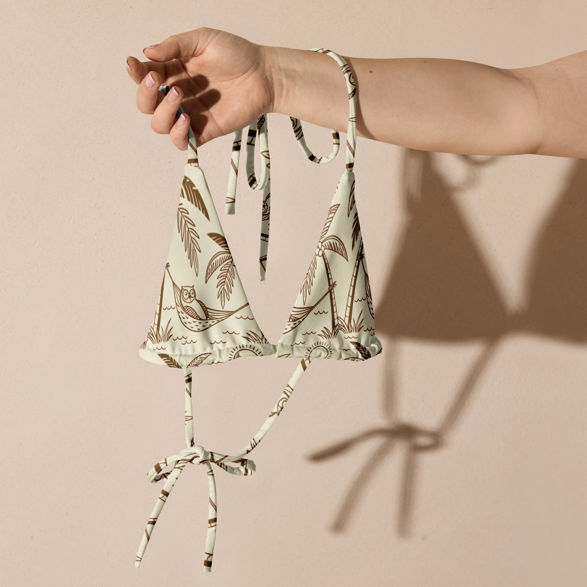 Owl-Themed All-Over Print Recycled String Bikini Top – Eco-Friendly Swimwear for Nature Lovers Dudeily