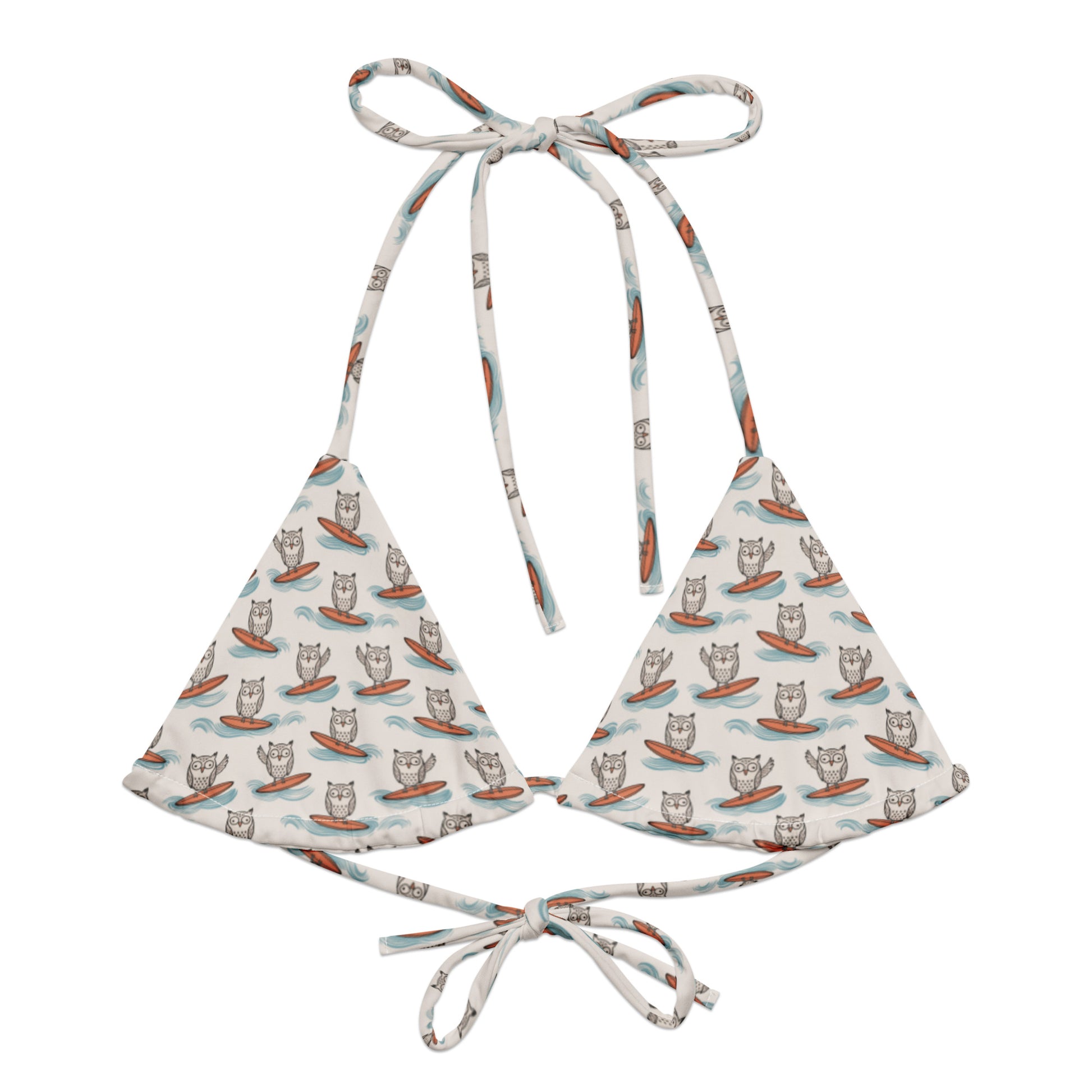 Owl-Haven All-Over Print Recycled String Bikini Top – Sustainable Swimwear for Eco-Conscious Beach Style 6XL Dudeily