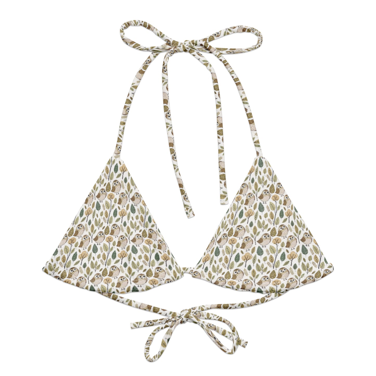 Owl-Themed All-Over Print Recycled String Bikini Top – Eco-Friendly Swimwear for Nature Lovers 6XL Dudeily