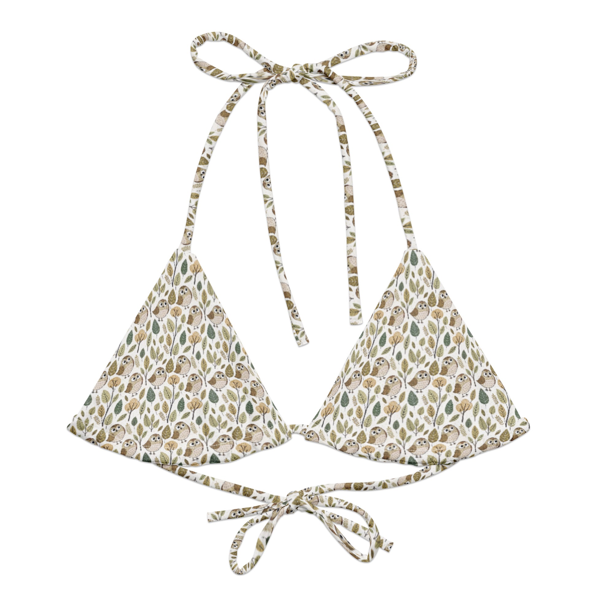 Owl-Themed All-Over Print Recycled String Bikini Top – Eco-Friendly Swimwear for Nature Lovers 6XL Dudeily
