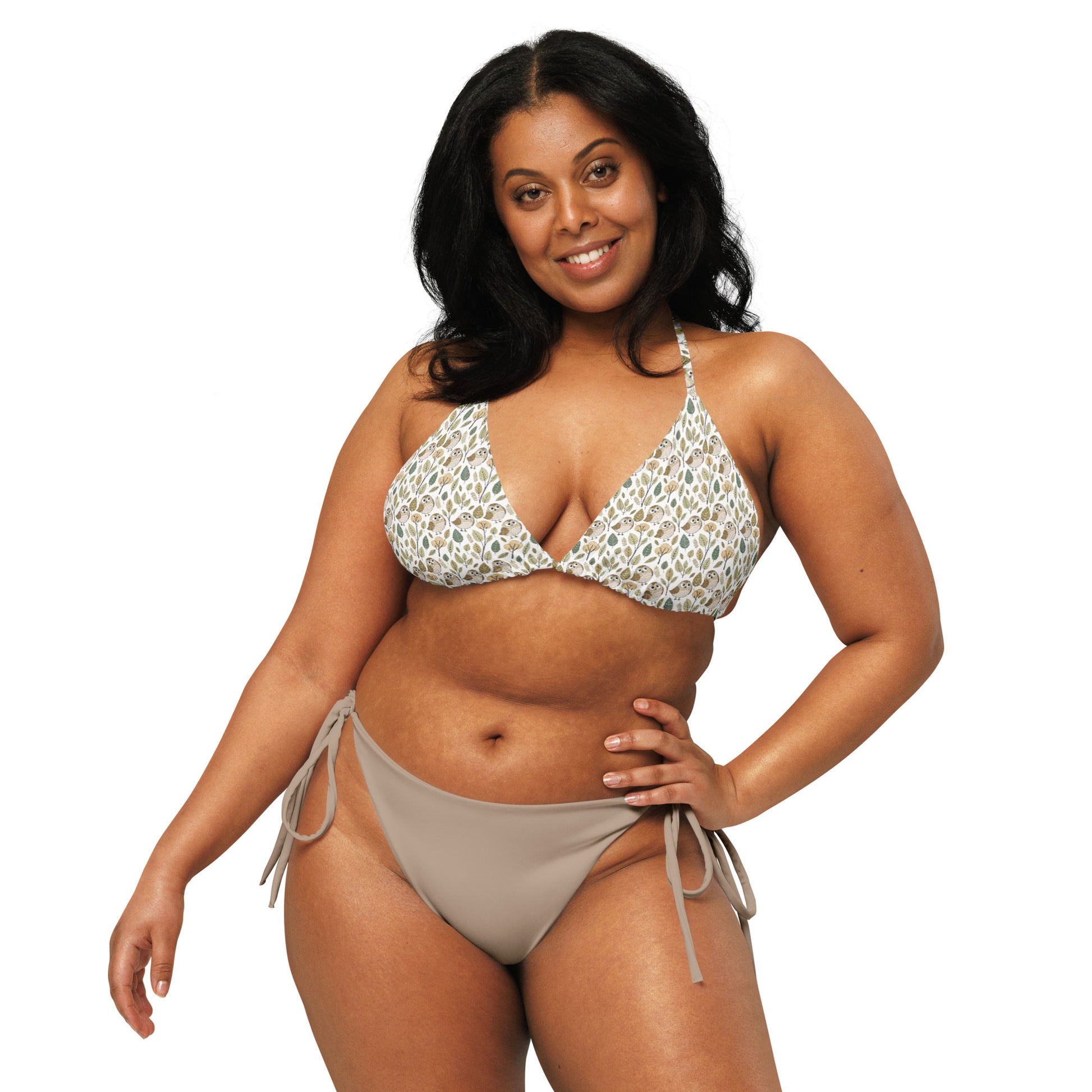 Owl-Themed All-Over Print Recycled String Bikini Top – Eco-Friendly Swimwear for Nature Lovers Dudeily