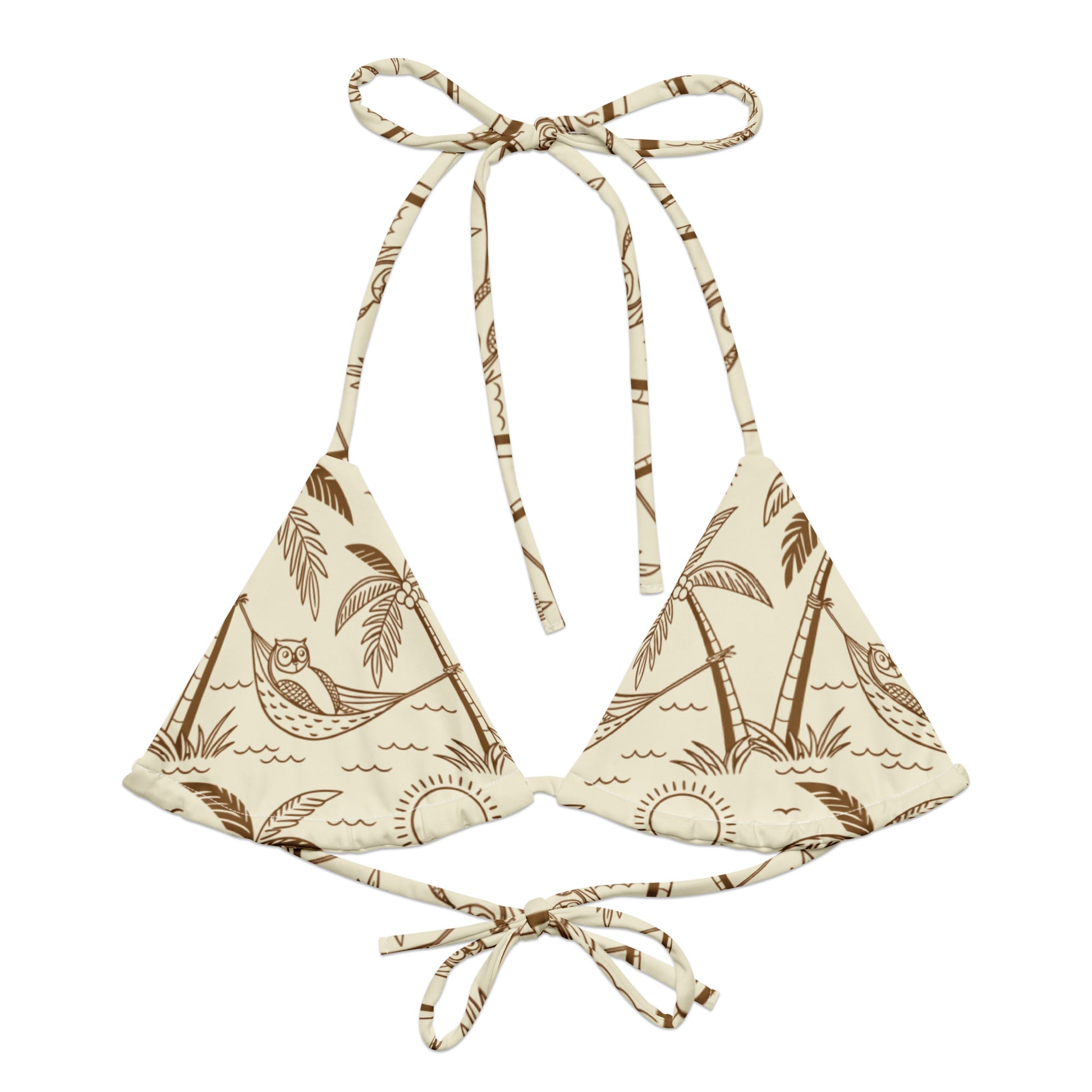 Owl-Themed All-Over Print Recycled String Bikini Top – Eco-Friendly Swimwear for Nature Lovers 6XL Dudeily