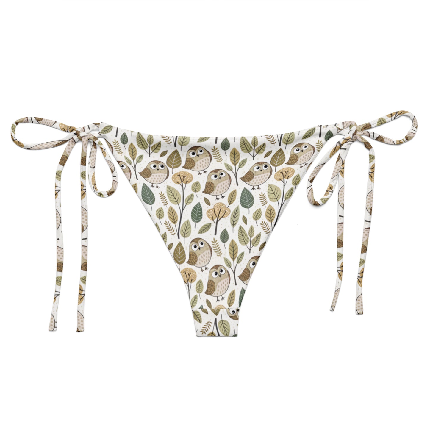 Owl-Themed All-Over Print Recycled String Bikini Bottom – Sustainable Swimwear for Free Spirits Dudeily