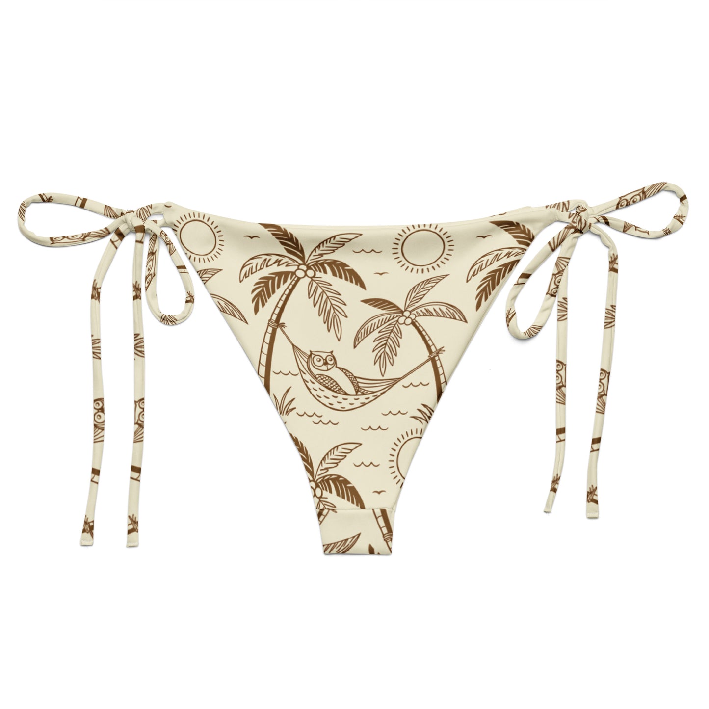 Owl-Themed All-Over Print Recycled String Bikini Bottom – Sustainable Swimwear for Free Spirits Dudeily