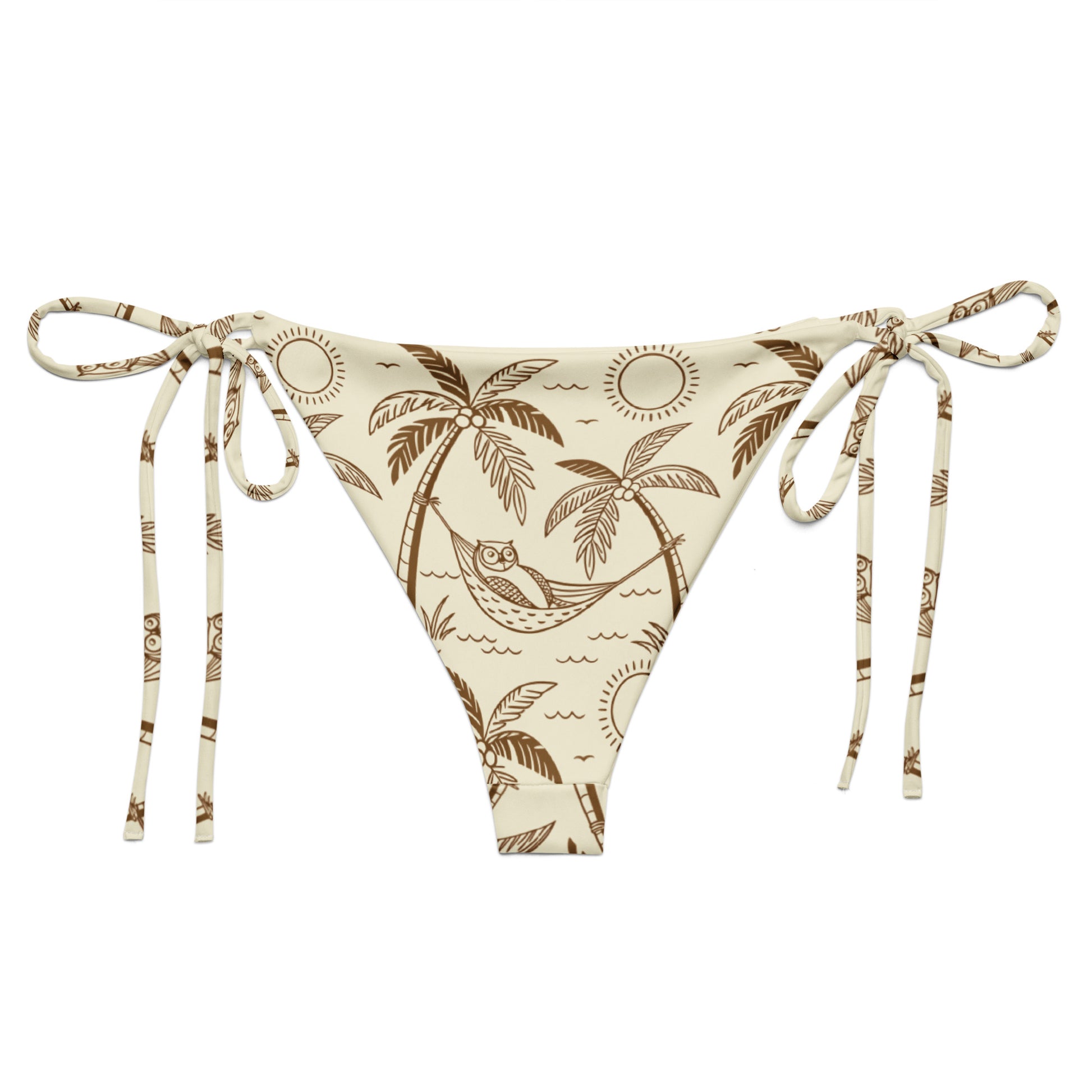 Owl-Themed All-Over Print Recycled String Bikini Bottom – Sustainable Swimwear for Free Spirits Dudeily