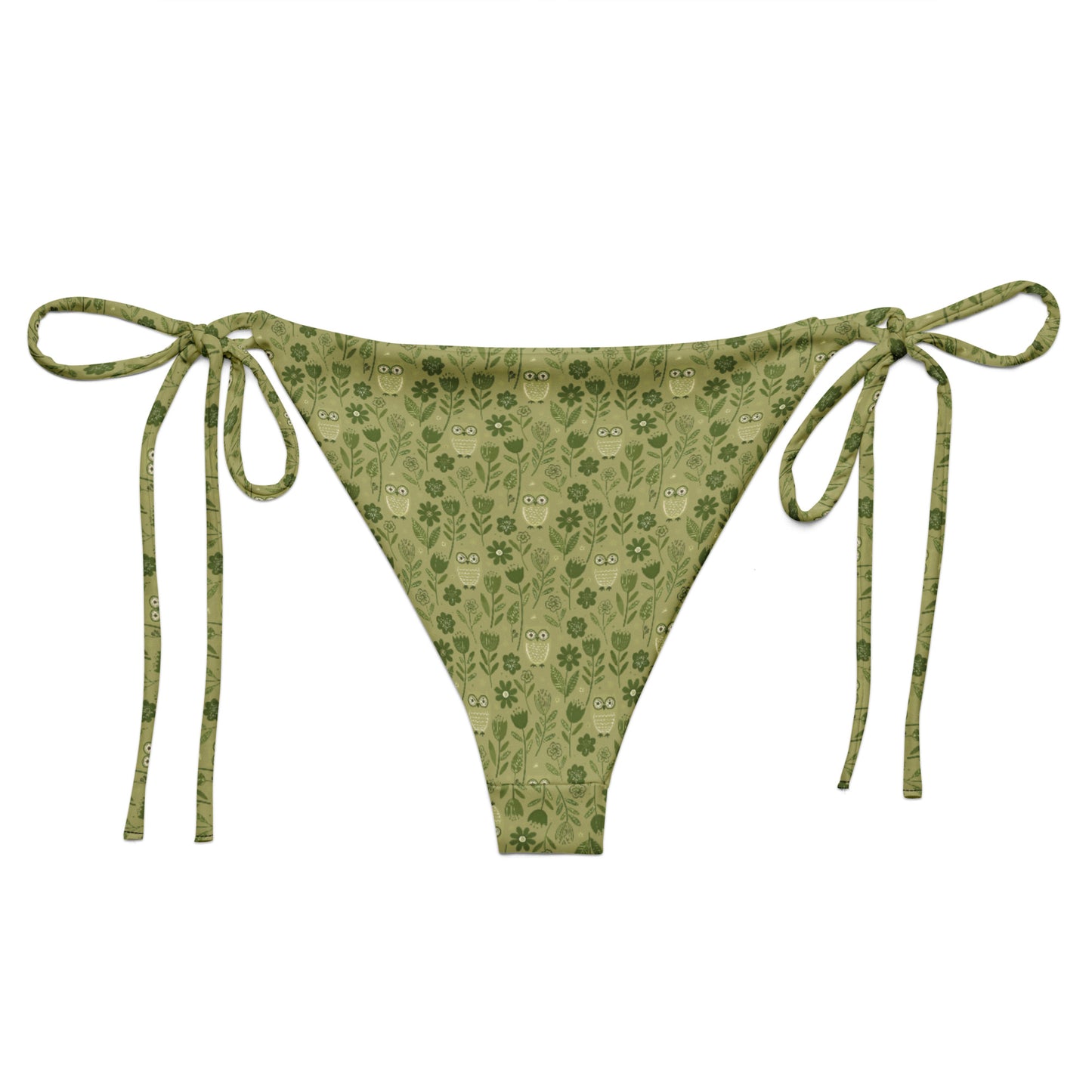 Owl-Themed All-Over Print Recycled String Bikini Bottom – Sustainable Swimwear for Free Spirits Dudeily