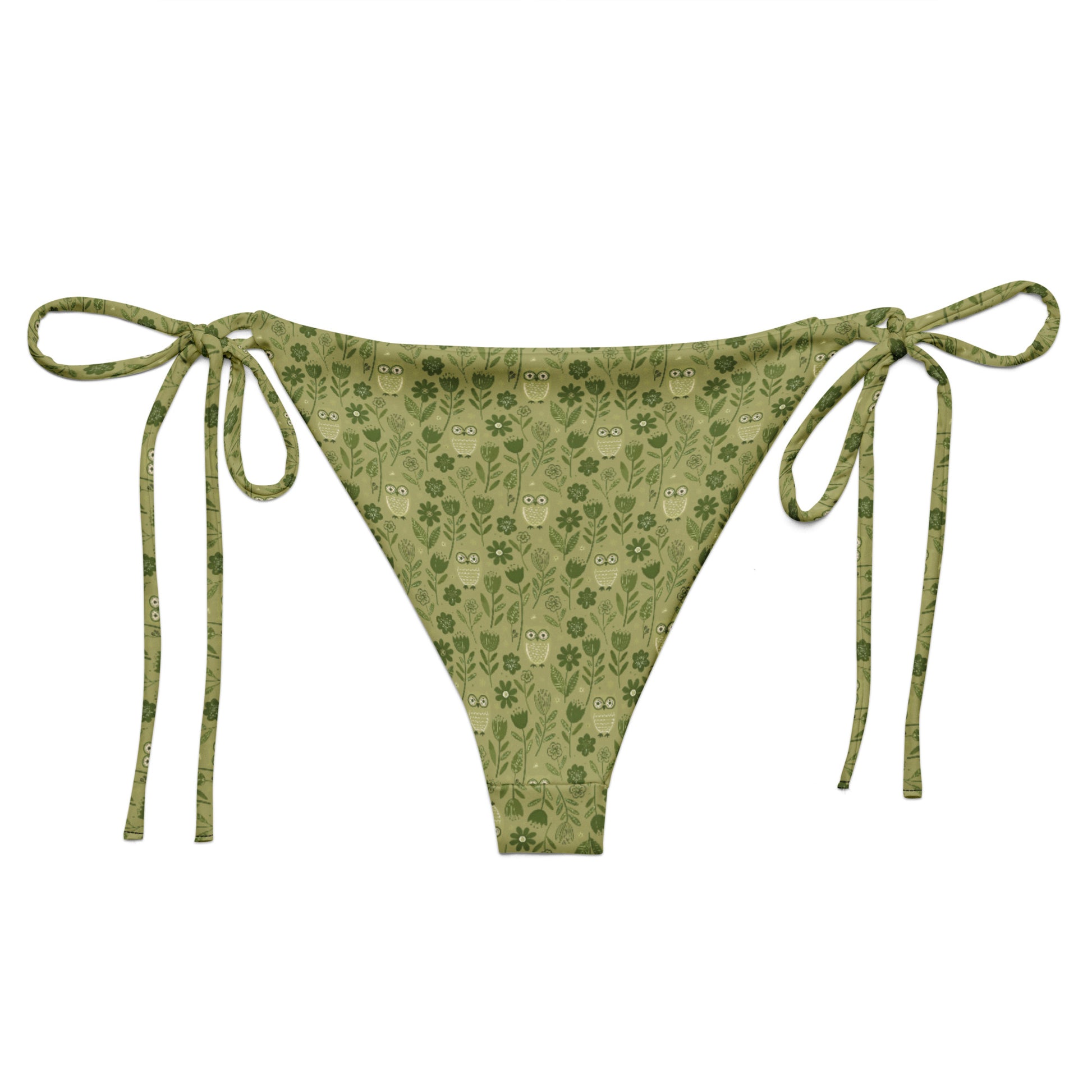 Owl-Themed All-Over Print Recycled String Bikini Bottom – Sustainable Swimwear for Free Spirits Dudeily
