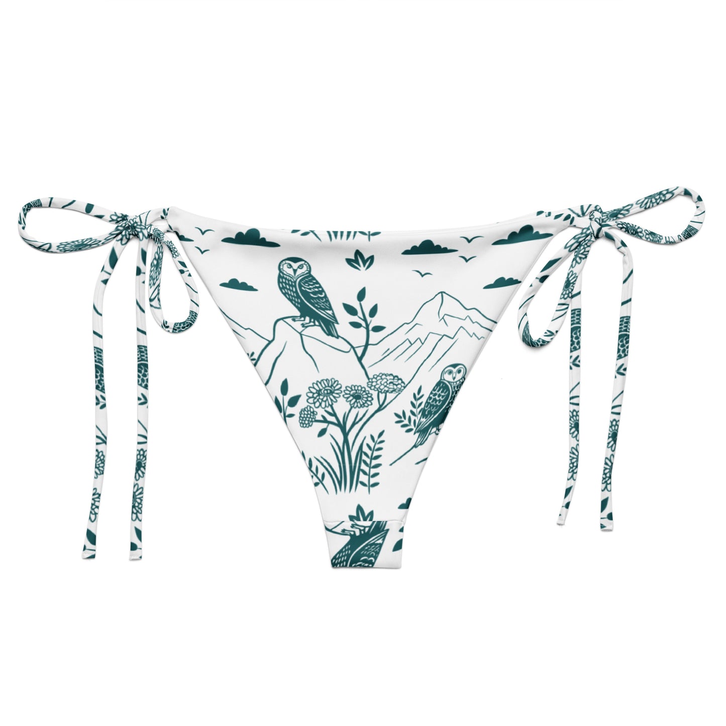 Owl-Themed All-Over Print Recycled String Bikini Bottom – Sustainable Swimwear for Free Spirits Dudeily
