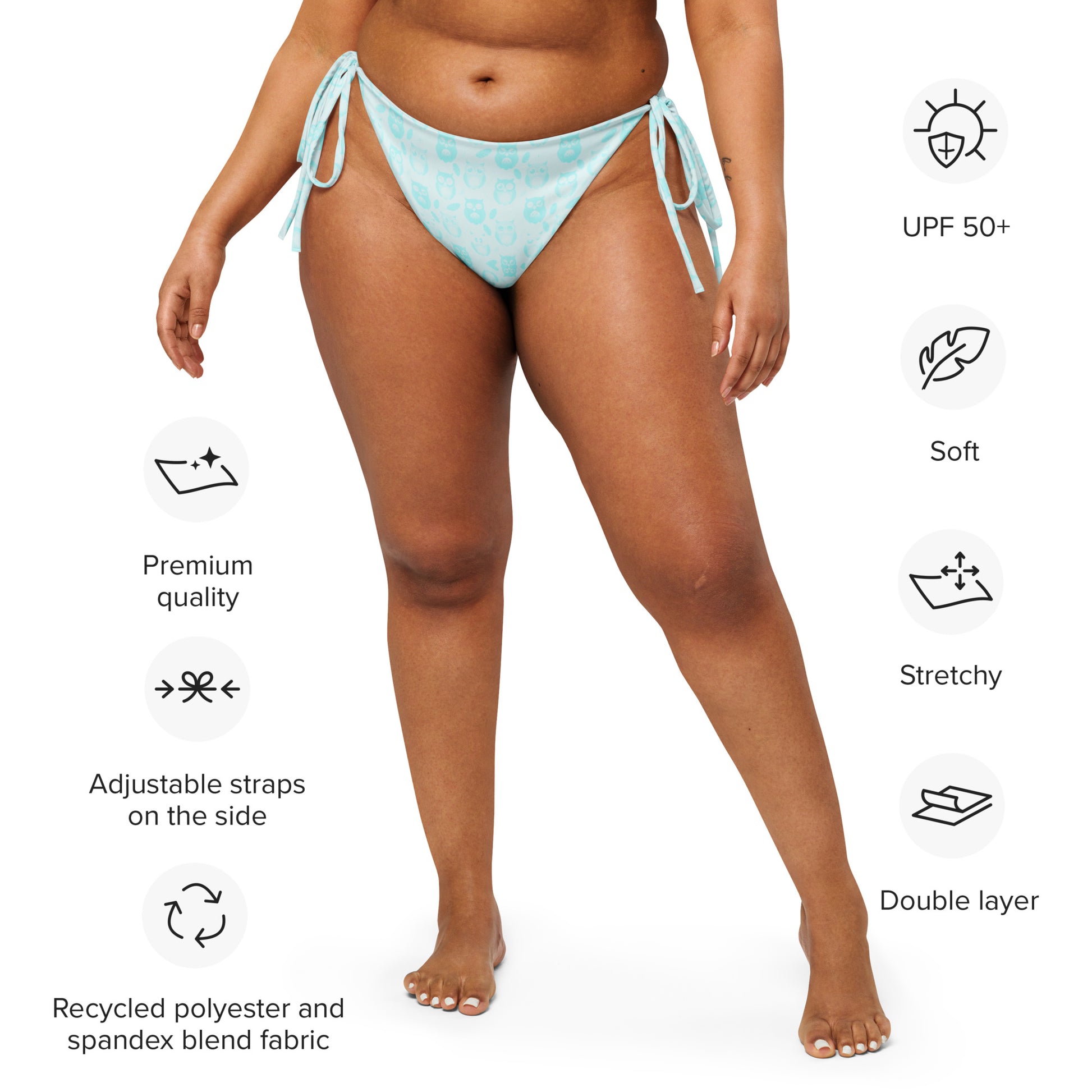 Owl-Themed All-Over Print Recycled String Bikini Bottom – Eco-Friendly Swimwear for Sustainable Beach Style Dudeily