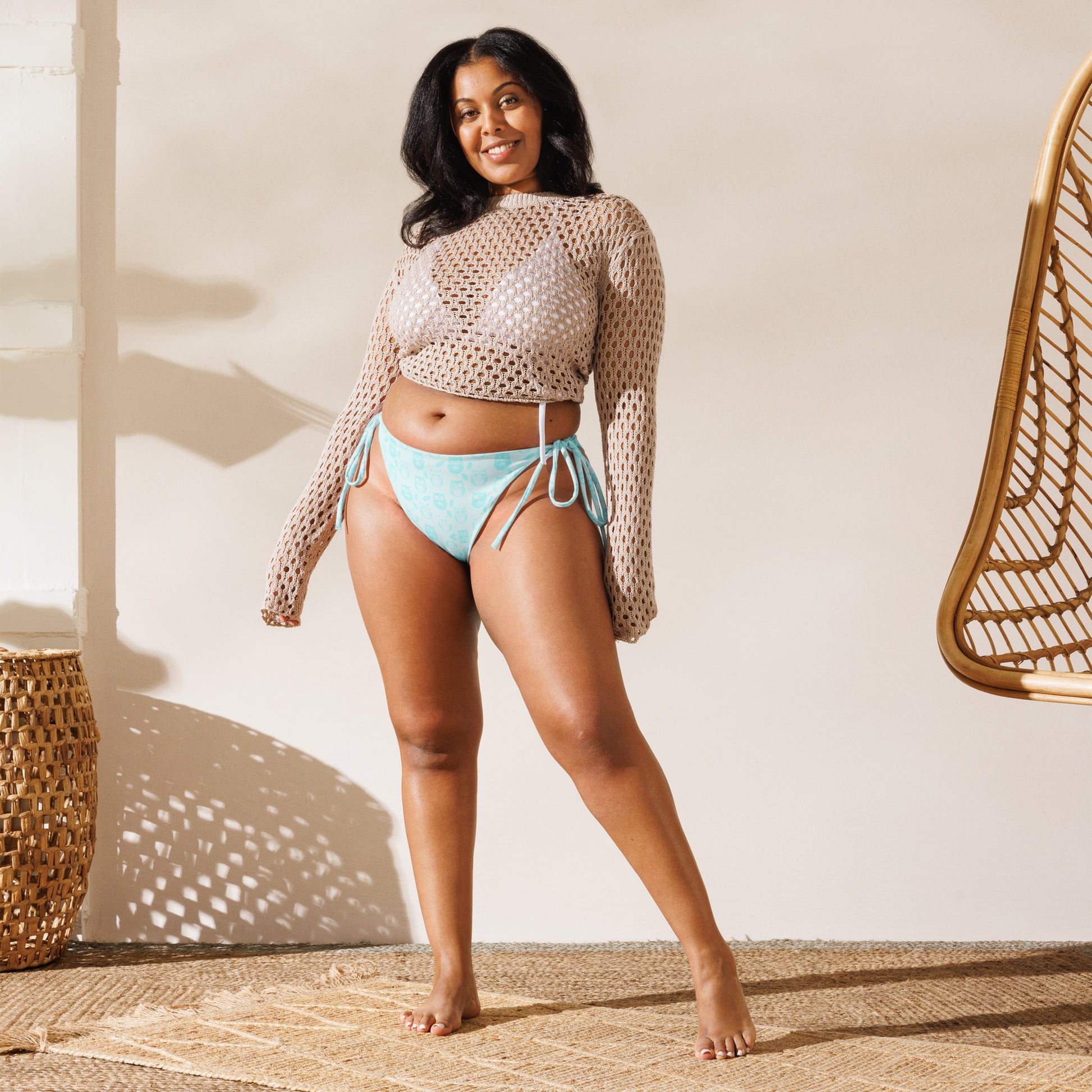 Owl-Themed All-Over Print Recycled String Bikini Bottom – Eco-Friendly Swimwear for Sustainable Beach Style Dudeily