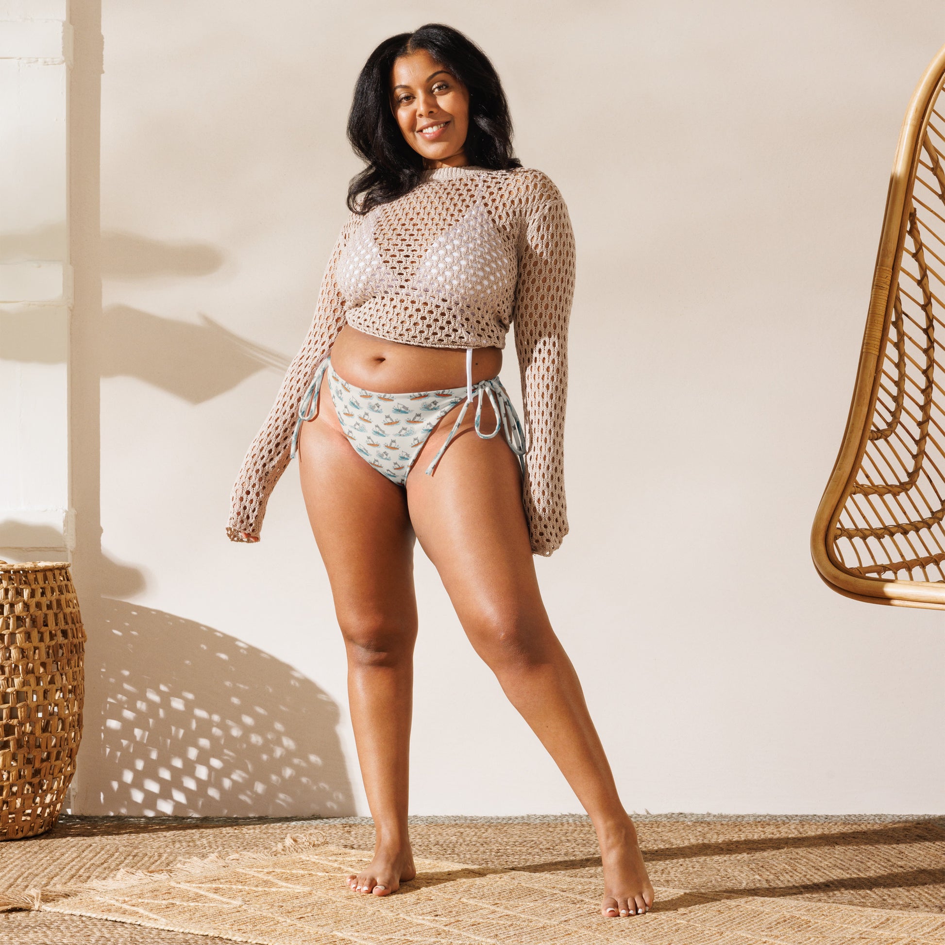 Owl Vibe Recycled String Bikini Bottom – All-Over Print Swimwear for Sustainable Beach Living Dudeily