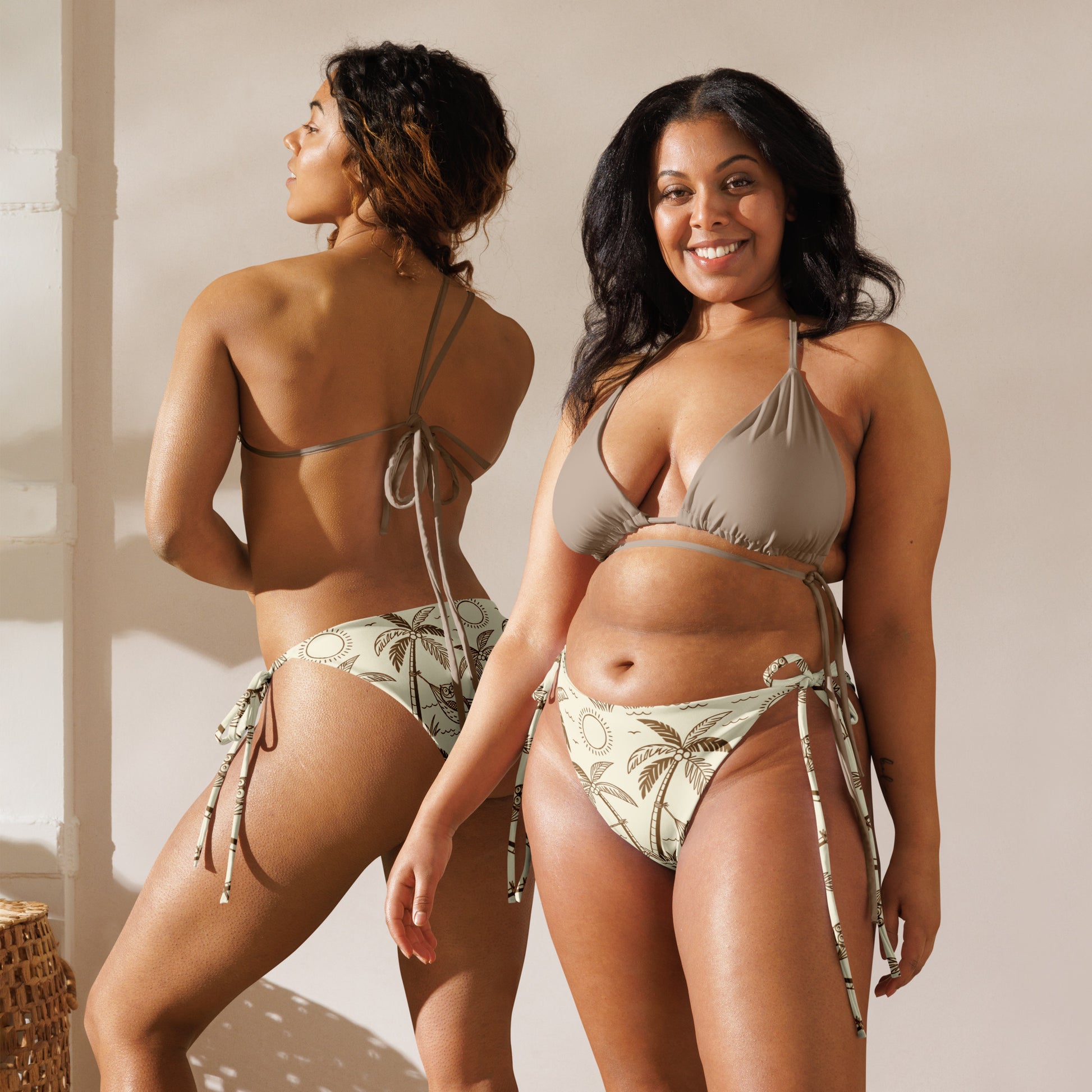 Owl-Themed All-Over Print Recycled String Bikini Bottom – Sustainable Swimwear for Free Spirits Dudeily