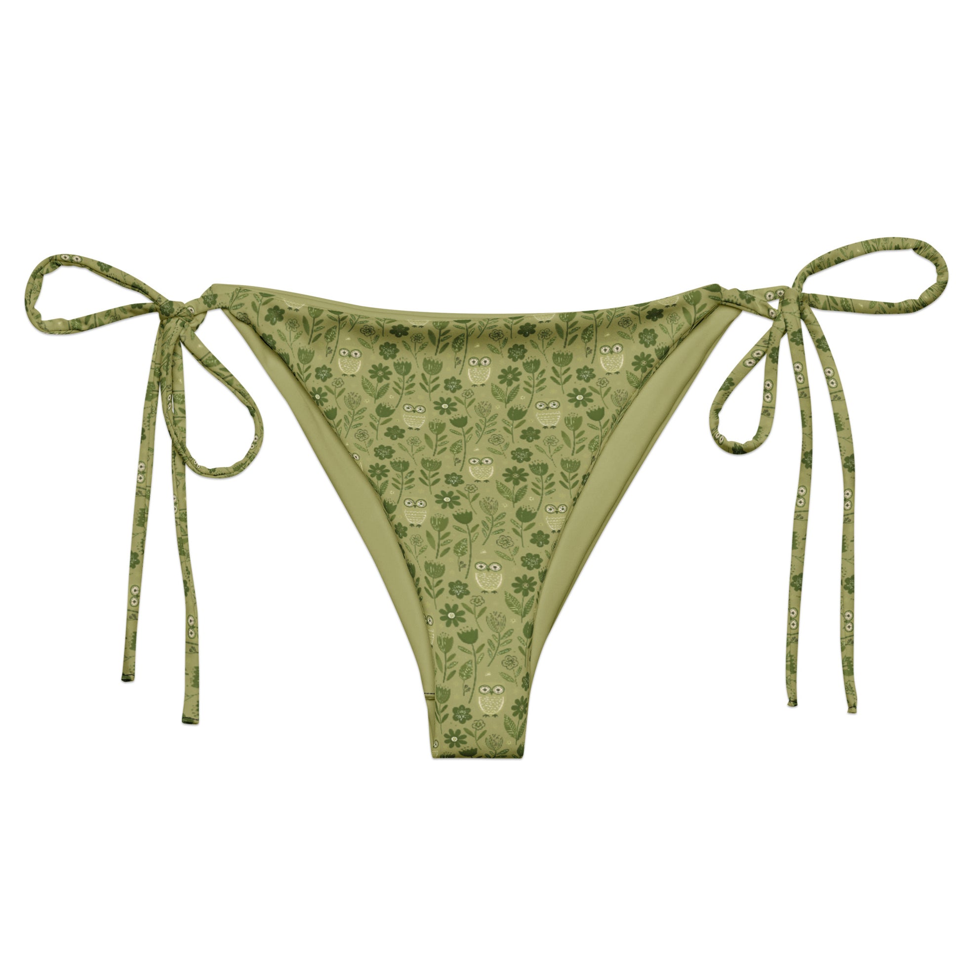 Owl-Themed All-Over Print Recycled String Bikini Bottom – Sustainable Swimwear for Free Spirits 6XL Dudeily