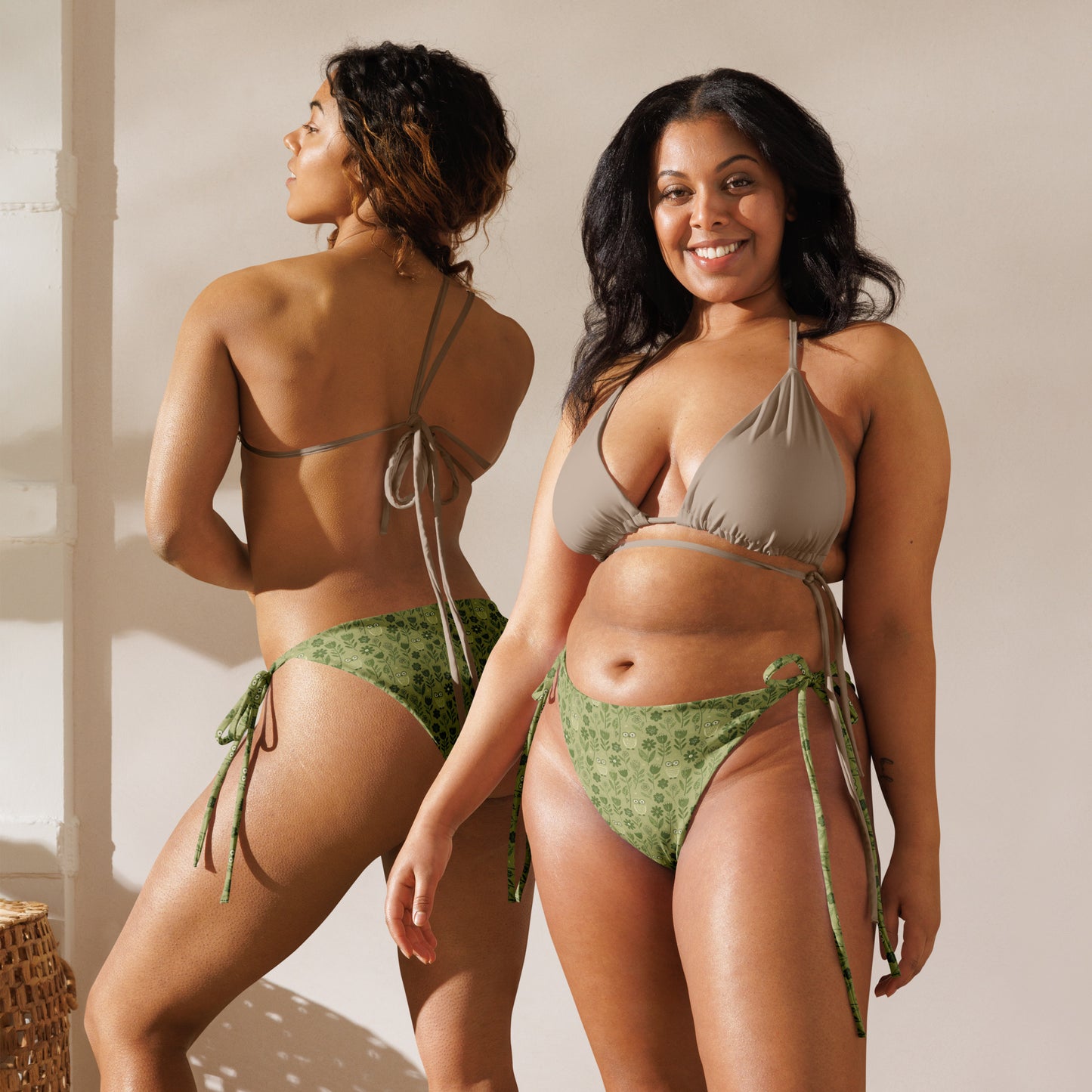 Owl-Themed All-Over Print Recycled String Bikini Bottom – Sustainable Swimwear for Free Spirits Dudeily