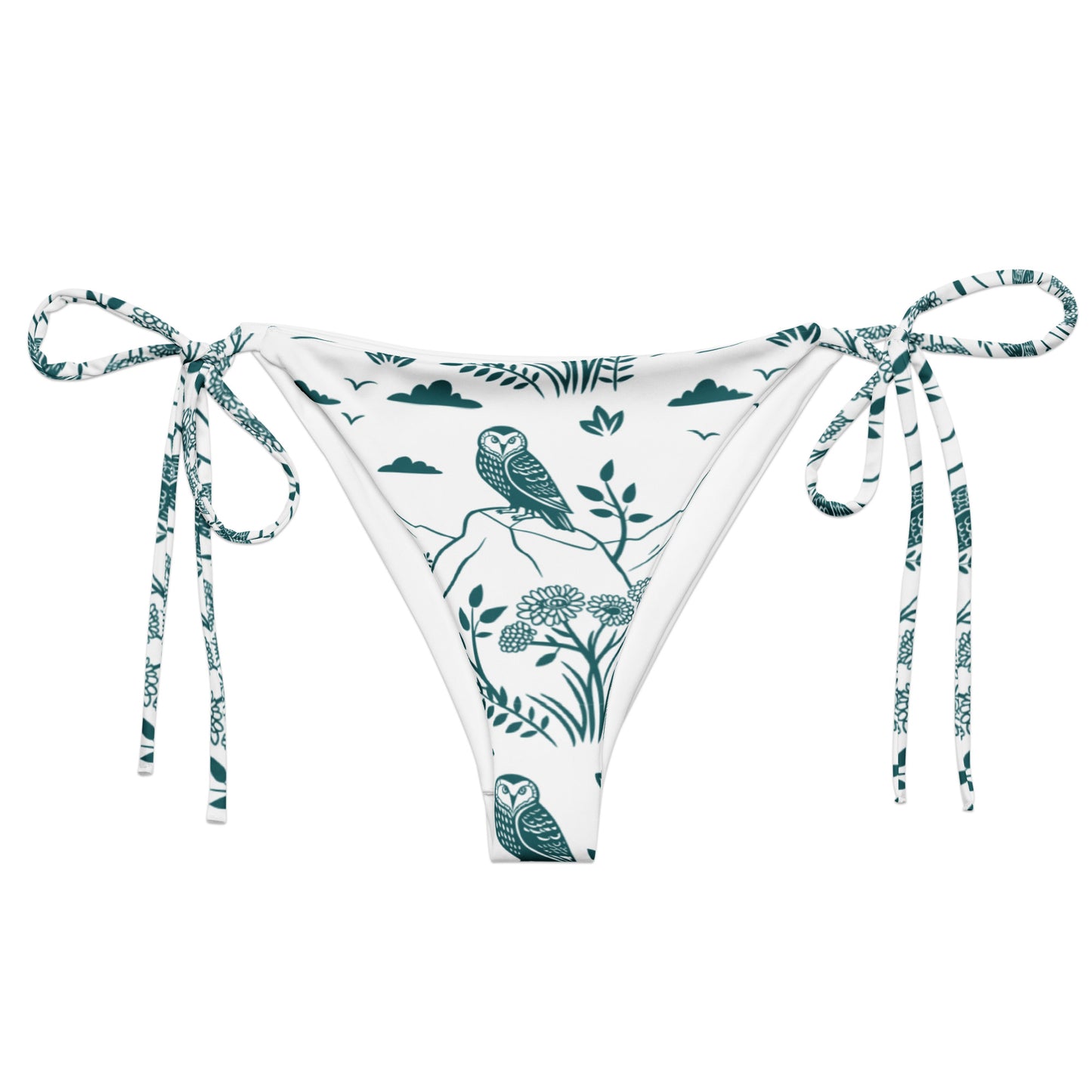 Owl-Themed All-Over Print Recycled String Bikini Bottom – Sustainable Swimwear for Free Spirits 6XL Dudeily