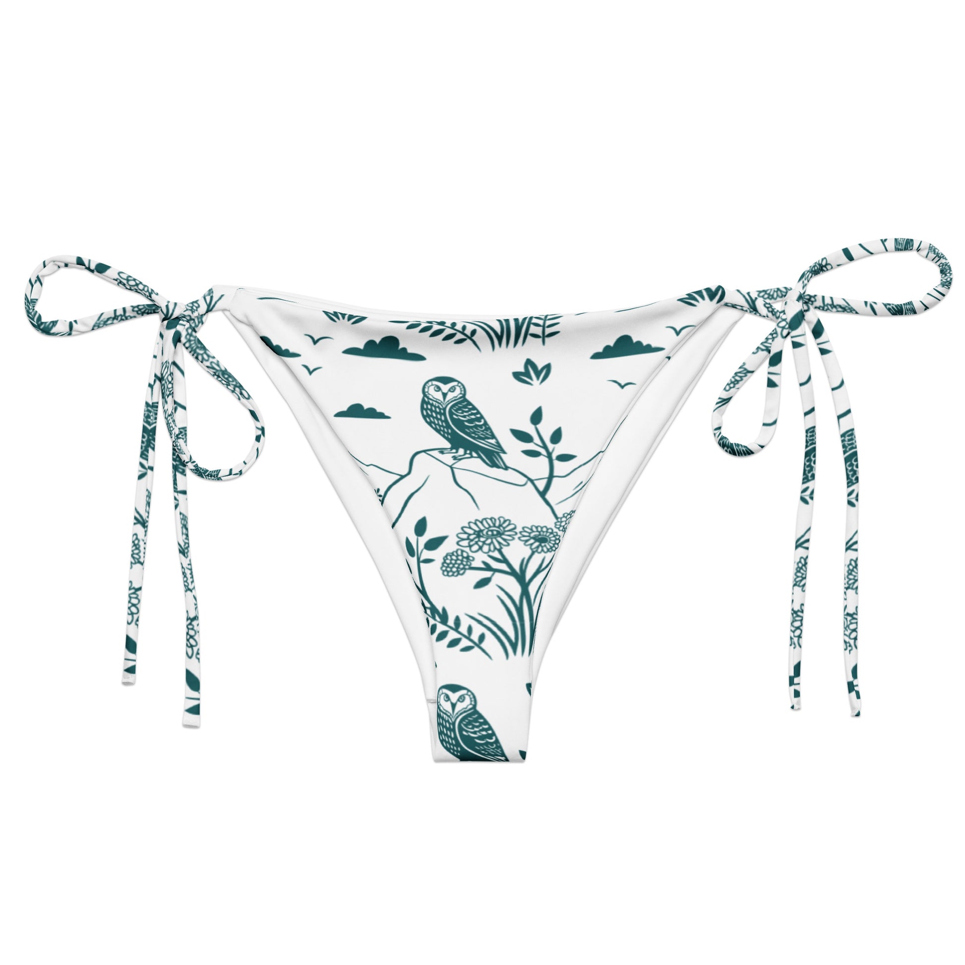 Owl-Themed All-Over Print Recycled String Bikini Bottom – Sustainable Swimwear for Free Spirits 6XL Dudeily