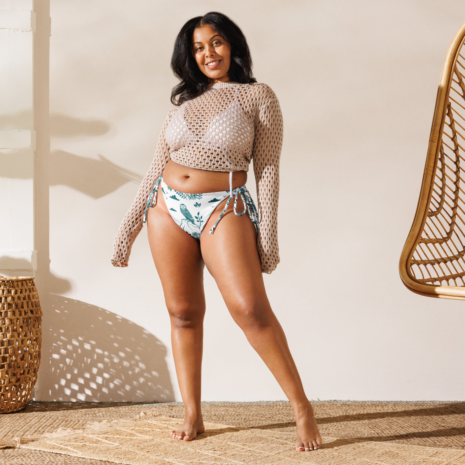 Owl-Themed All-Over Print Recycled String Bikini Bottom – Sustainable Swimwear for Free Spirits Dudeily