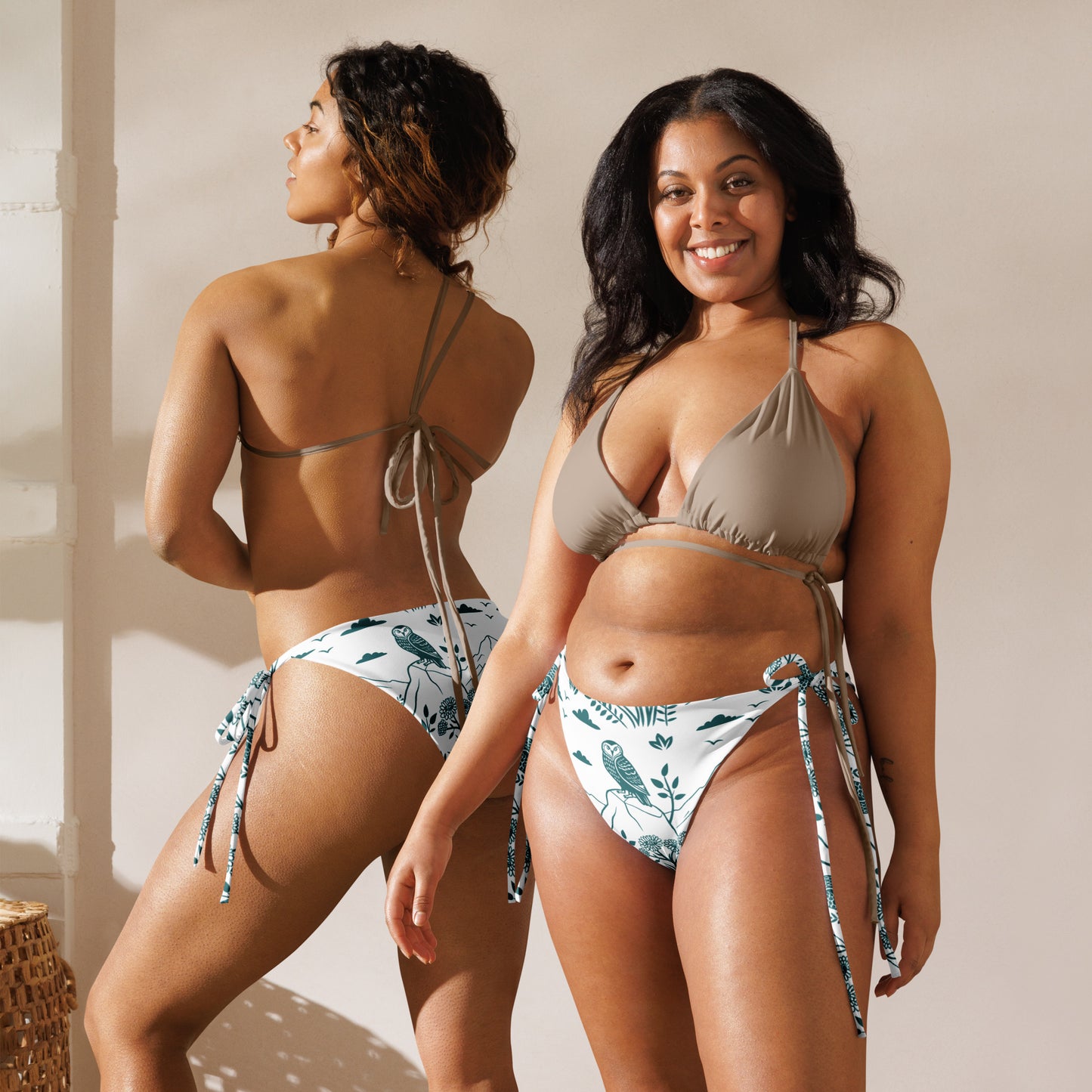 Owl-Themed All-Over Print Recycled String Bikini Bottom – Sustainable Swimwear for Free Spirits Dudeily