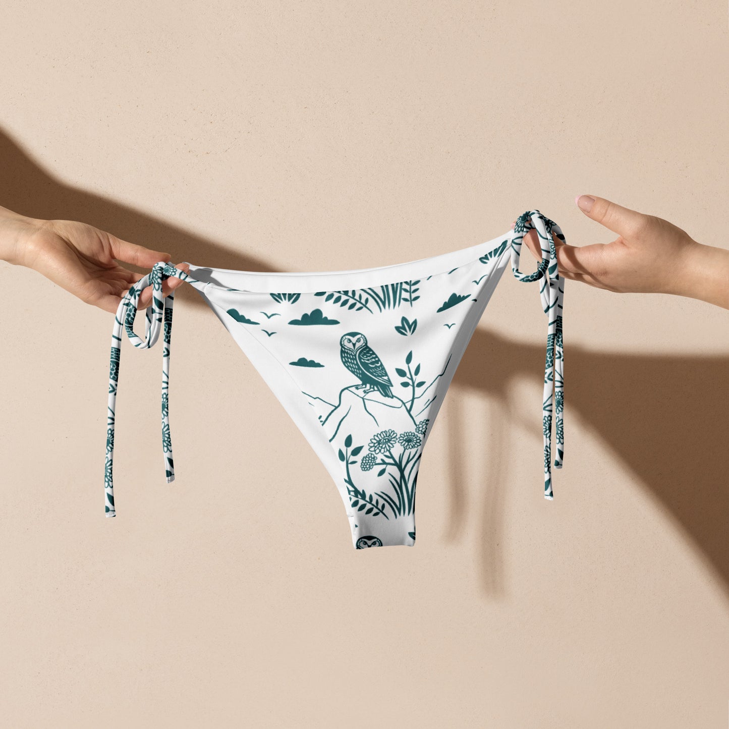 Owl-Themed All-Over Print Recycled String Bikini Bottom – Sustainable Swimwear for Free Spirits Dudeily